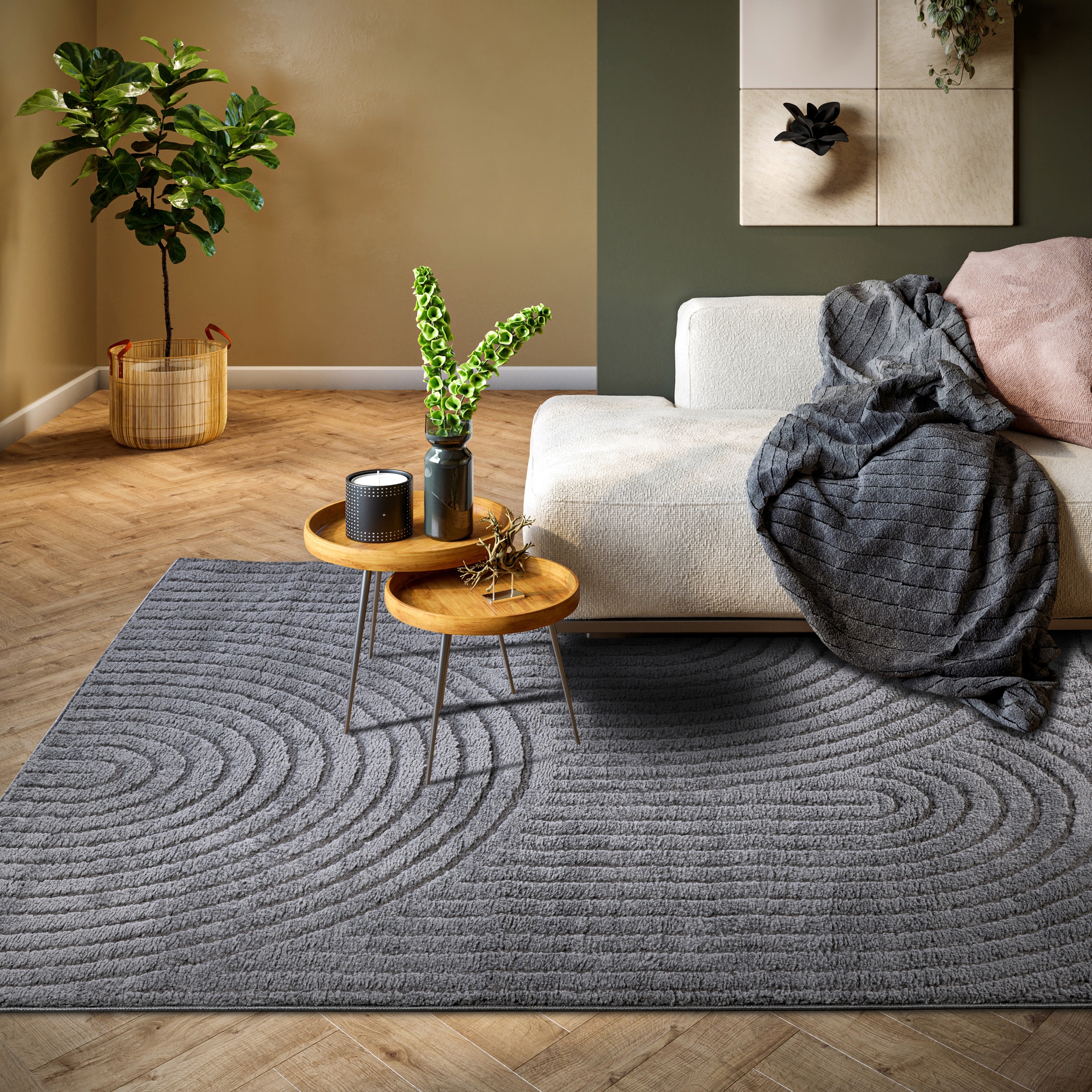 ELLE DECORATION Designteppich »Cosy Panglao, auch als Rundteppich erhältlich«, rechteckig, 14 mm Höhe, uni Kurzflor, Hoch Tief Struktur, modern, Skandi, Boho, Wohnzimmer