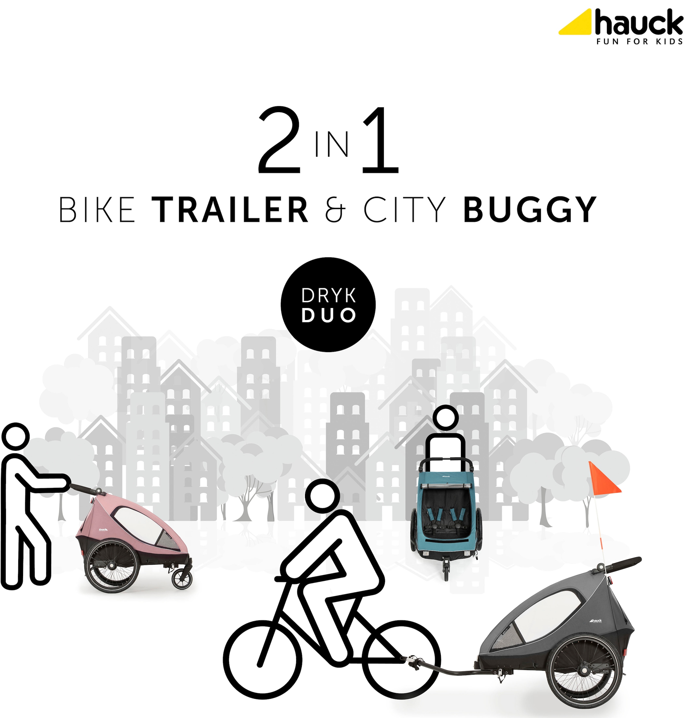 Hauck Fahrradkinderanhänger »2in1 Bike Trailer und Buggy Dryk Duo, grau«, für 2 Kinder; inklusive Deichsel