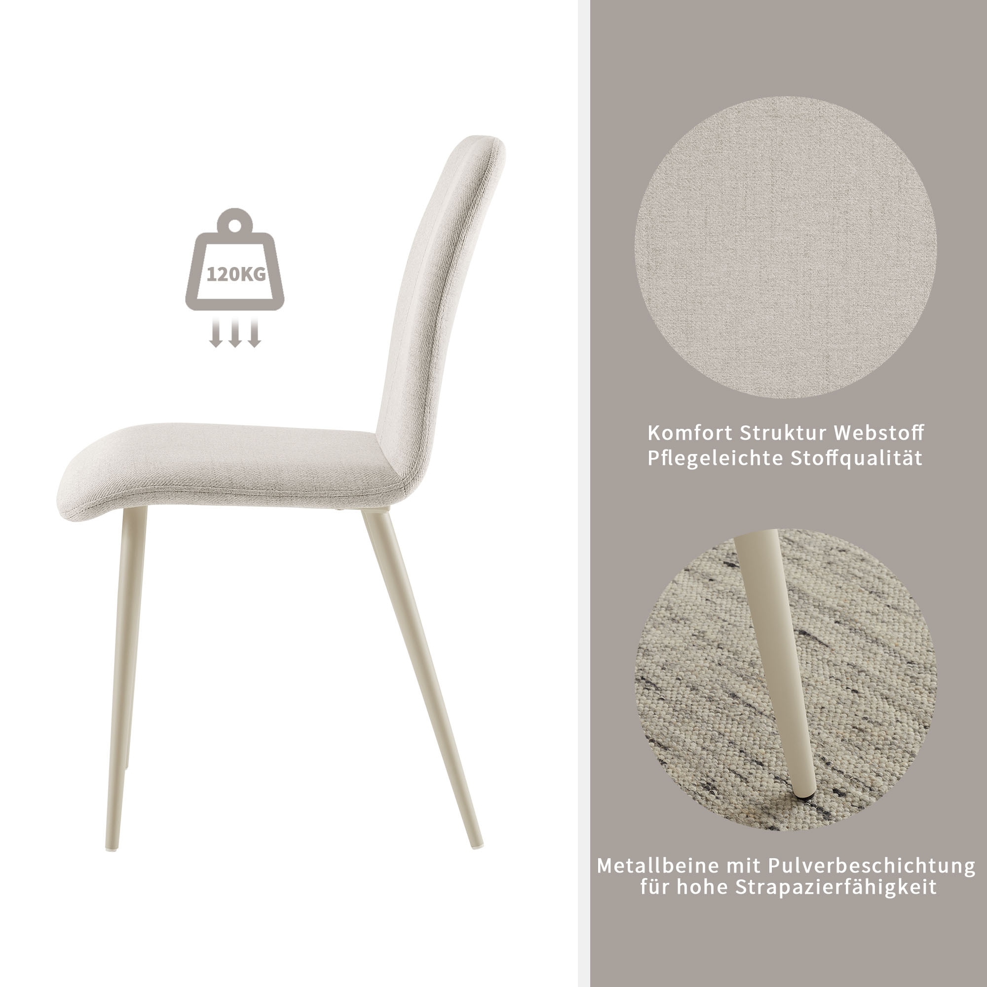 OTTO home Essgruppe »Kryce« Set, 120 cm Esstisch + 2 Stühle + Bank, 4 Stk. tlg. Strukturstoff, robustem Metallgestell, Tischplatte aus Sinterstein