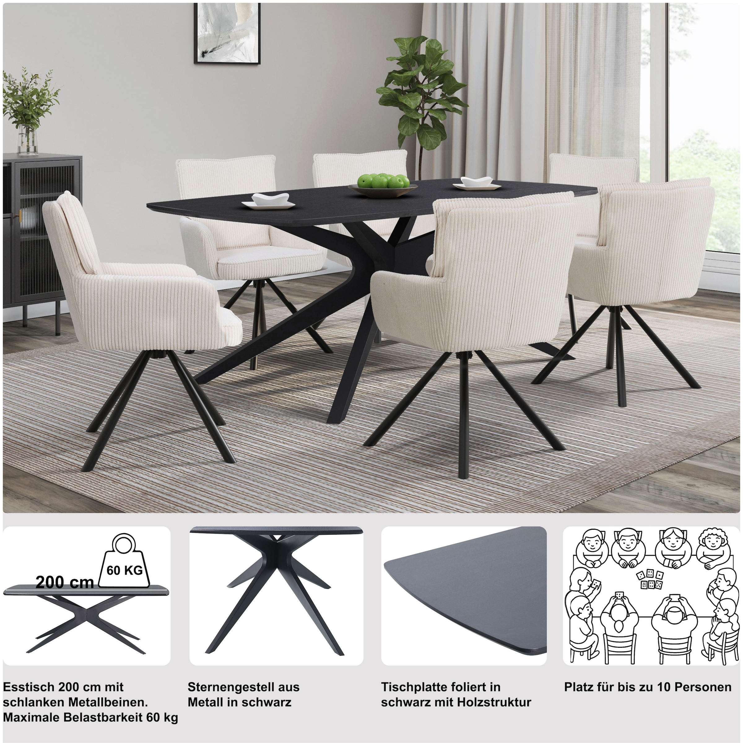 OTTO home Esstisch »Dakona« Tischplatte mit Holzstruktur, schwarze Metallbeine, Höhe 76 cm