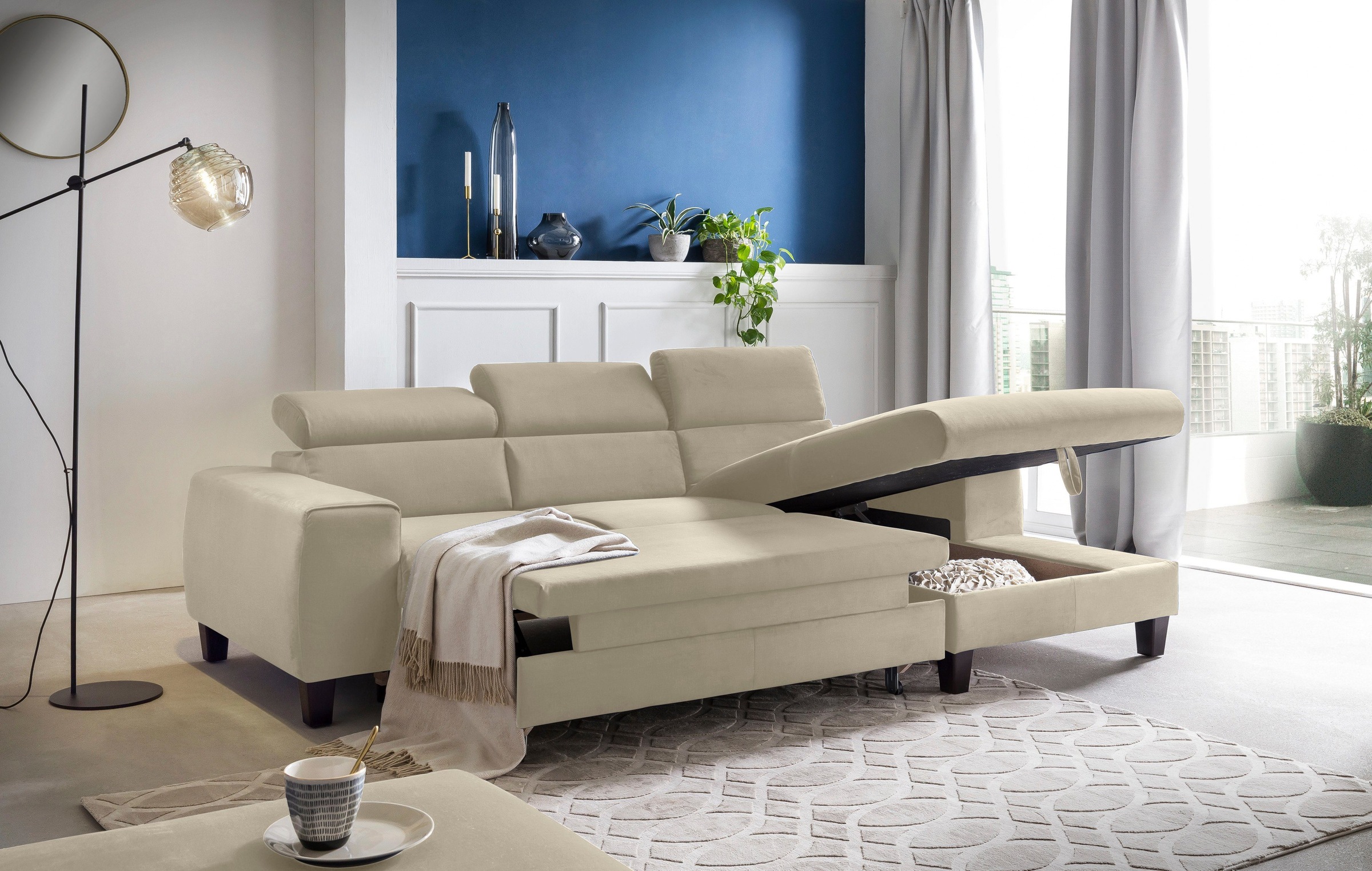 COTTA Polstergarnitur »Morven L-Form«, (Set), Set bestehend aus: Ecksofa mit Kopfteilverstellung & Hocker