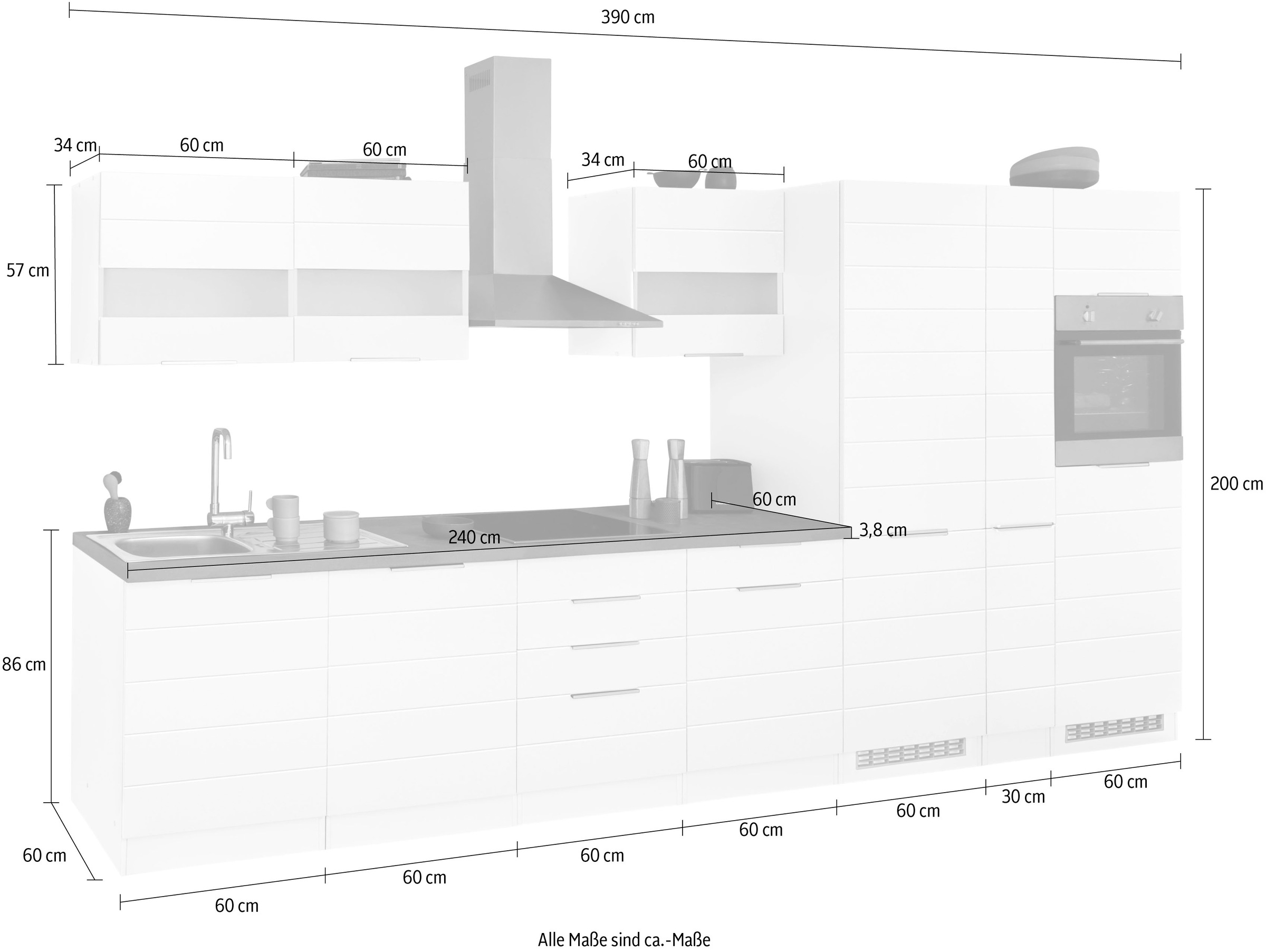 Kochstation Küche »KS-Luhe«, 390 cm breit, wahlweise mit oder ohne E-Geräten, gefräste MDF-Fronten