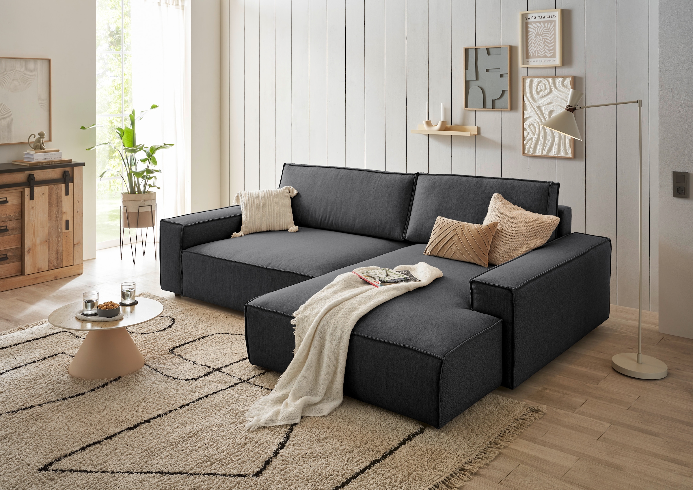 Home affaire Ecksofa »NEU: SHERWOODL XXL 284, Big-Sofa L-Form, tiefe Sitzfläche 95 cm, Cord,«, Leinenoptik, Recamiere rechts/links, auch als Schlafsofa stellbar