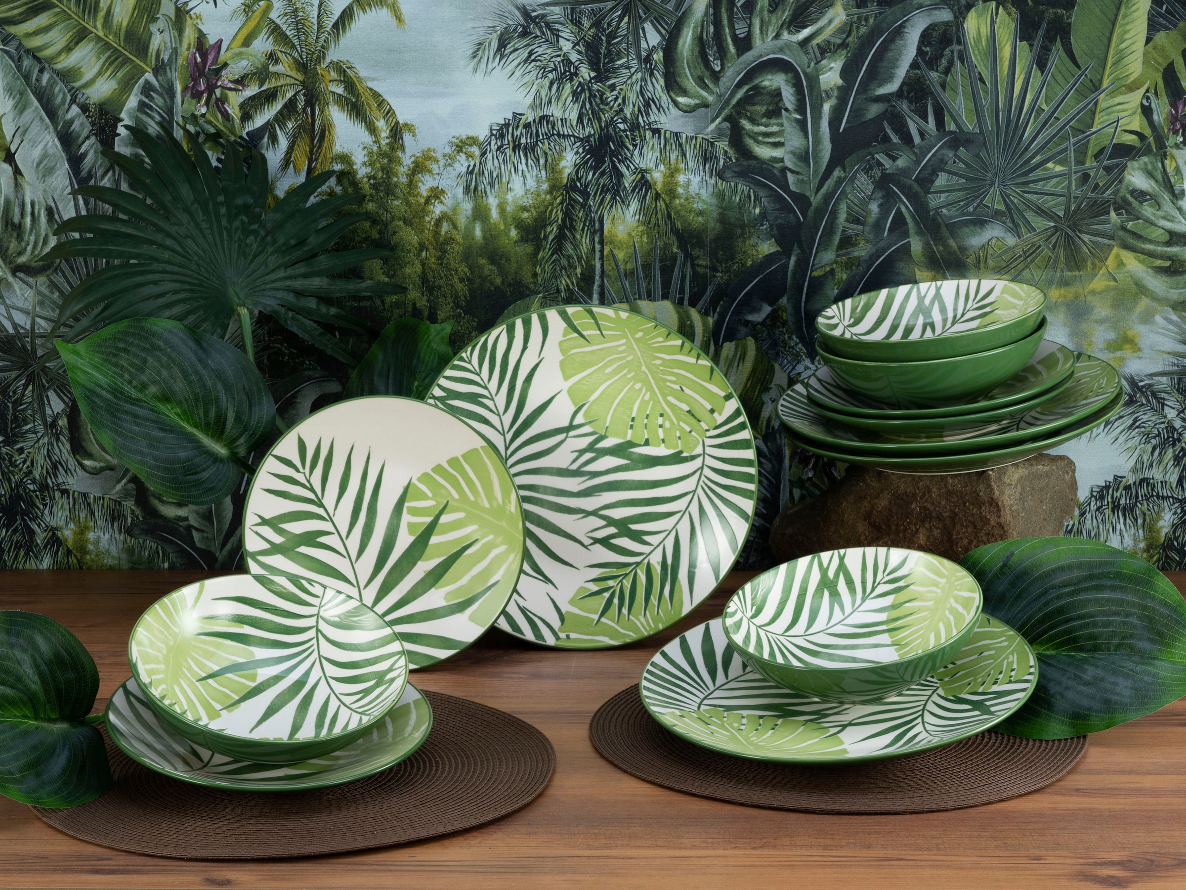 CreaTable Teller-Set »Tropicana«, (Set, 12 tlg.), vollflächiger tropischer Blätter Dekor