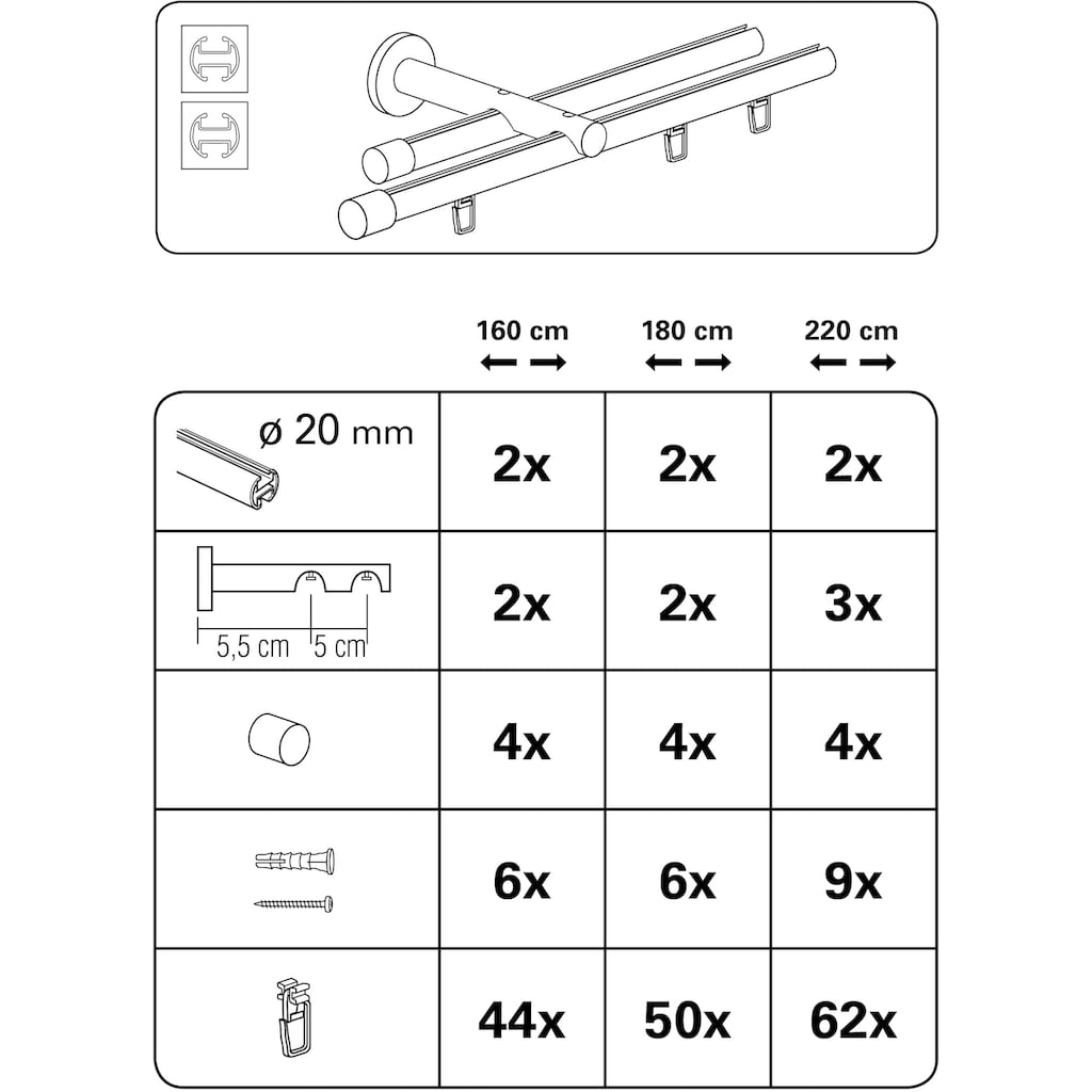 GARDINIA Gardinenstange »Gardinenstangen Set Isa 2-Lauf mit Innenlauf II Ø 20 mm«, 2 läufig-läufig, Fixmaß