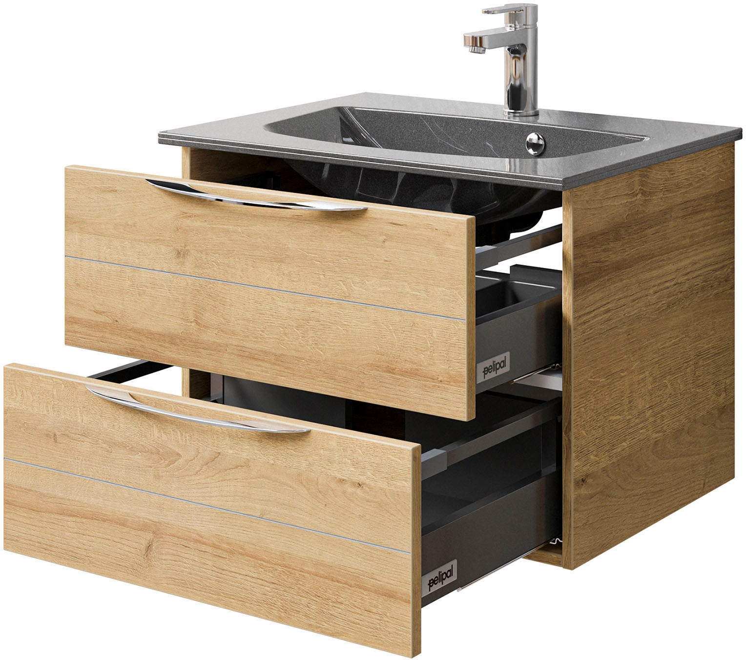 Saphir Badmöbel-Set »Serie 6025 2-teilig Mineralmarmor-Waschtisch mit LED-Spiegelschrank«, (2 St.), Waschplatz 67 cm breit, 2 Schubladen, 2 Spiegel-Türen, inkl Türdämpfer