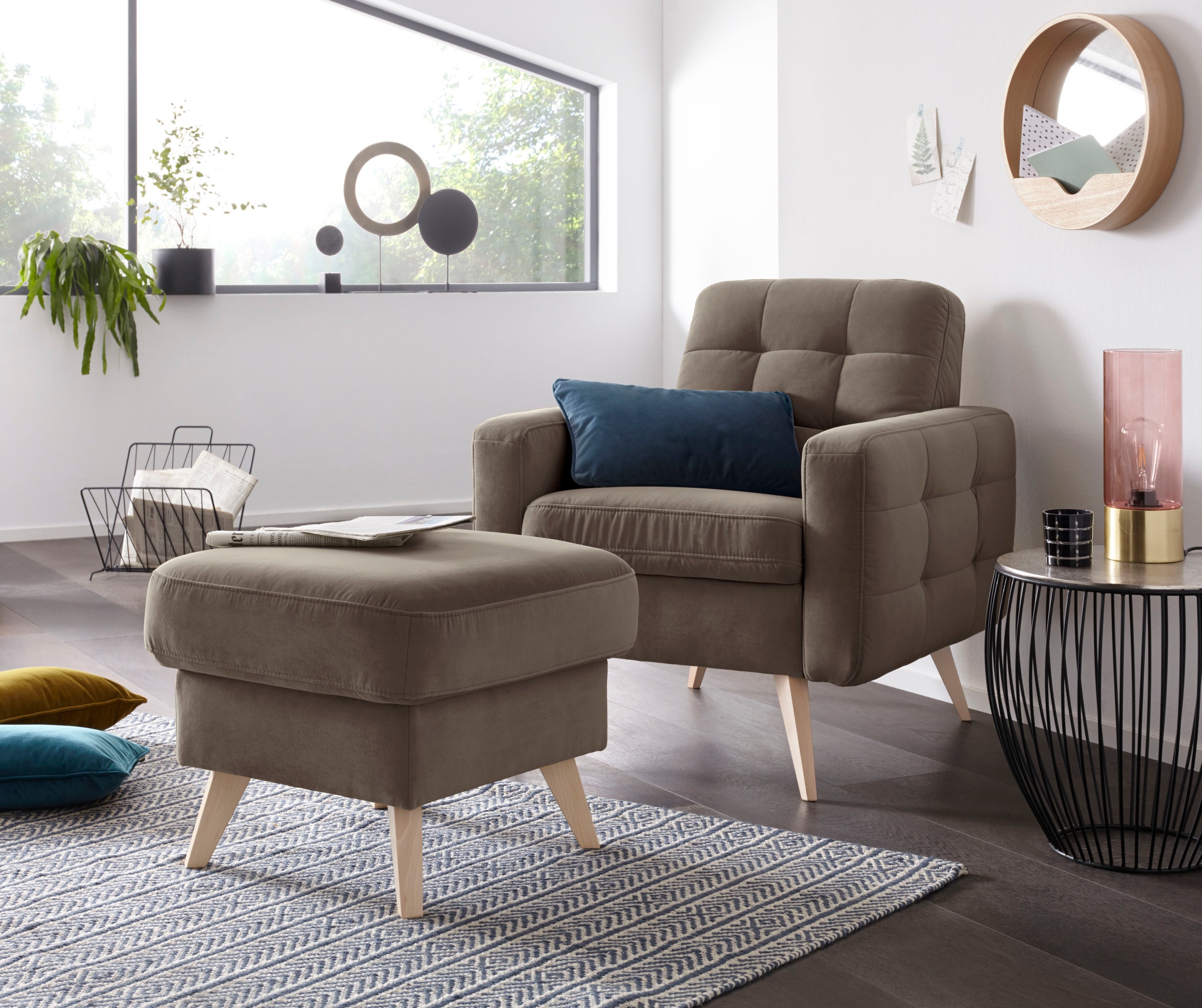 exxpo - sofa fashion Sessel »Nappa, Loungesessel, aktuelle Rückensteppung, bequem und modern«, hoher Holzfuß