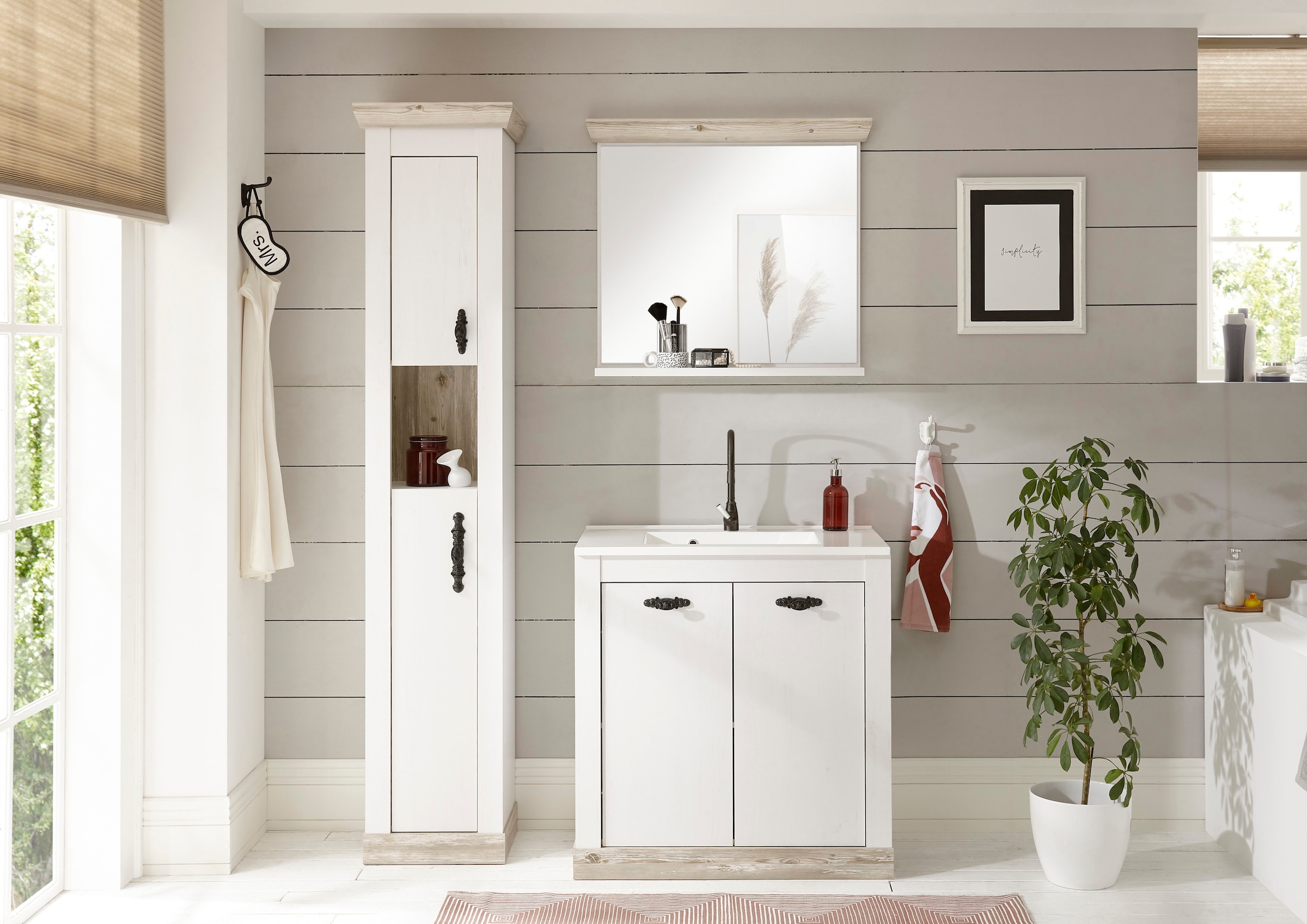 Home affaire Badmöbel-Set »Florenz, Bad im Landhausstil, 3-teiliges Badezimmer«, (3 St.), Waschtisch, Schrank und Spiegel mit Ablage, in Pinie Weiß, Stauraum