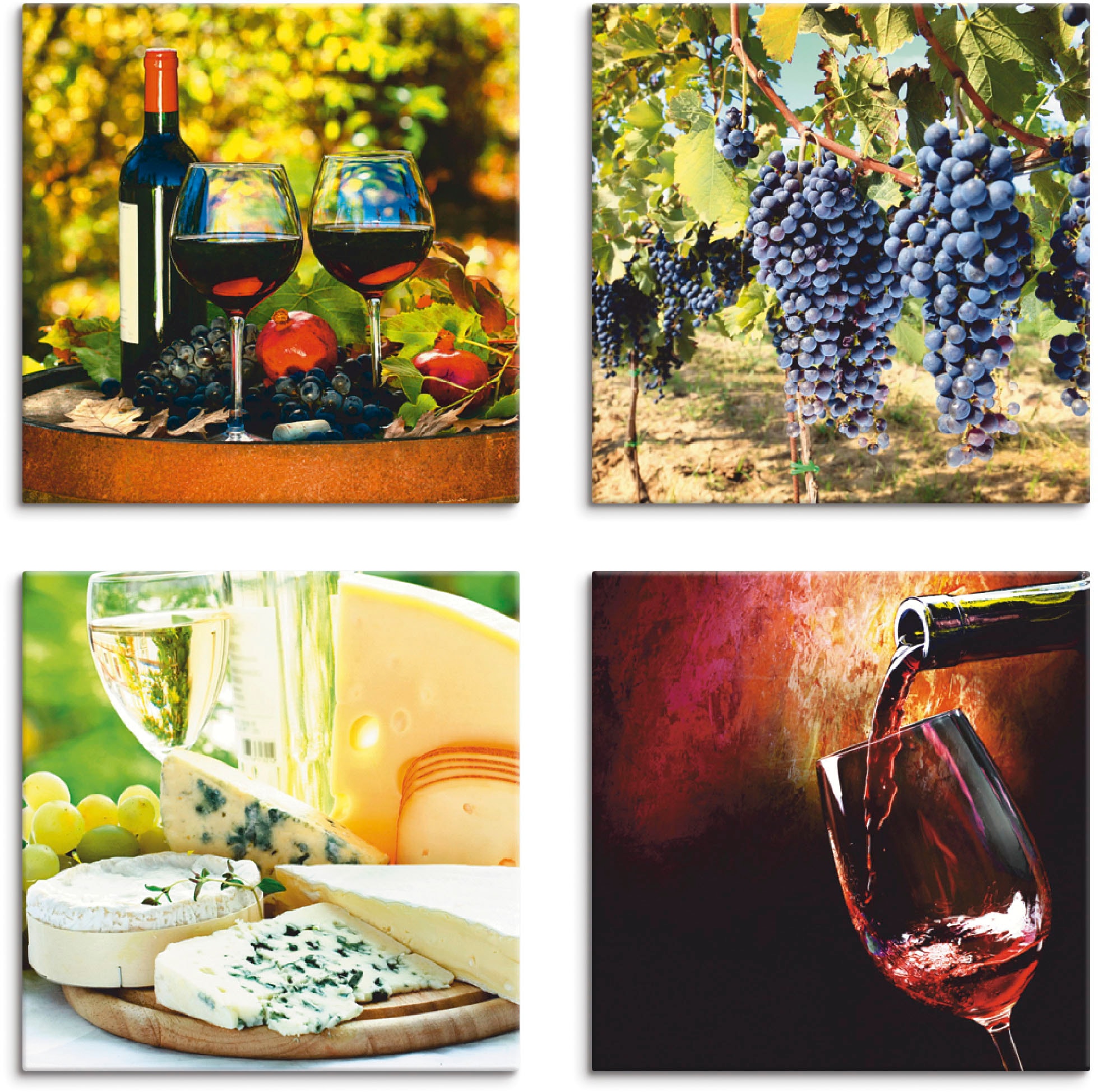 Artland Leinwandbild »Gläser Rotwein, Trauben, Käse« Getränke 4 Stk. tlg. 4 günstig online kaufen