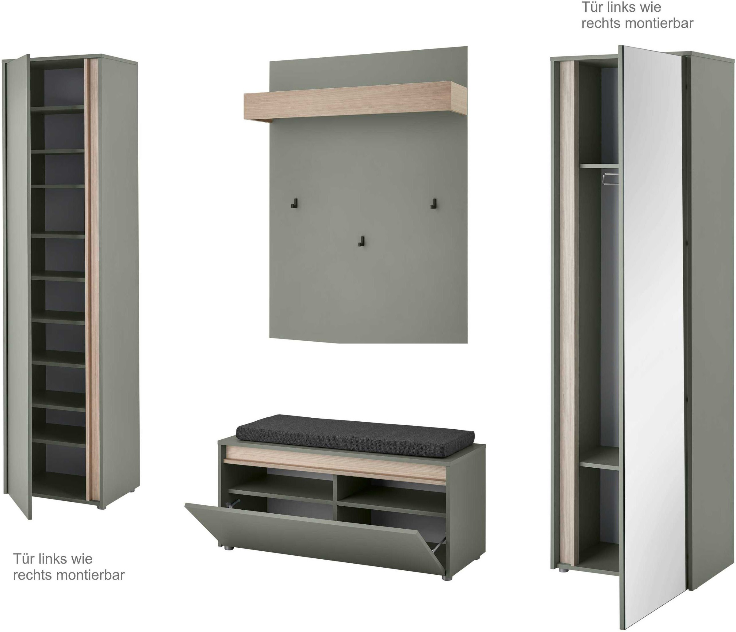 INOSIGN Garderoben-Set »GIRON/CiTY, moderne Garderobe, Komplettset mit viel Stauraum«, (Komplett-Set, 4 St.), enthält Garderobenschränke, Paneel & Schuhbank +Sitzkissen