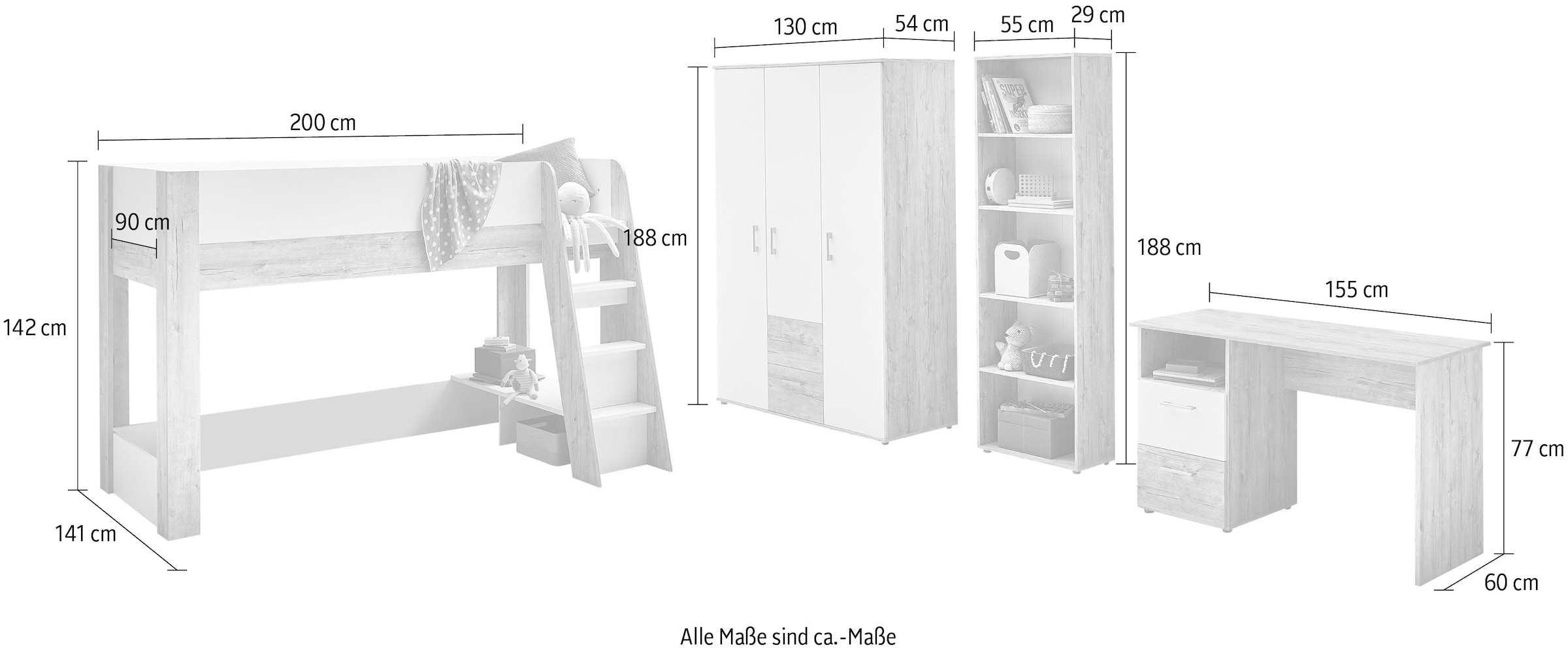 Home affaire Jugendzimmer-Set »Schulkind Set »Rieke«« 4 Stk. tlg. Hochbett, Etagenbett, Ablagefach unter dem Bett, Blauer Engel,