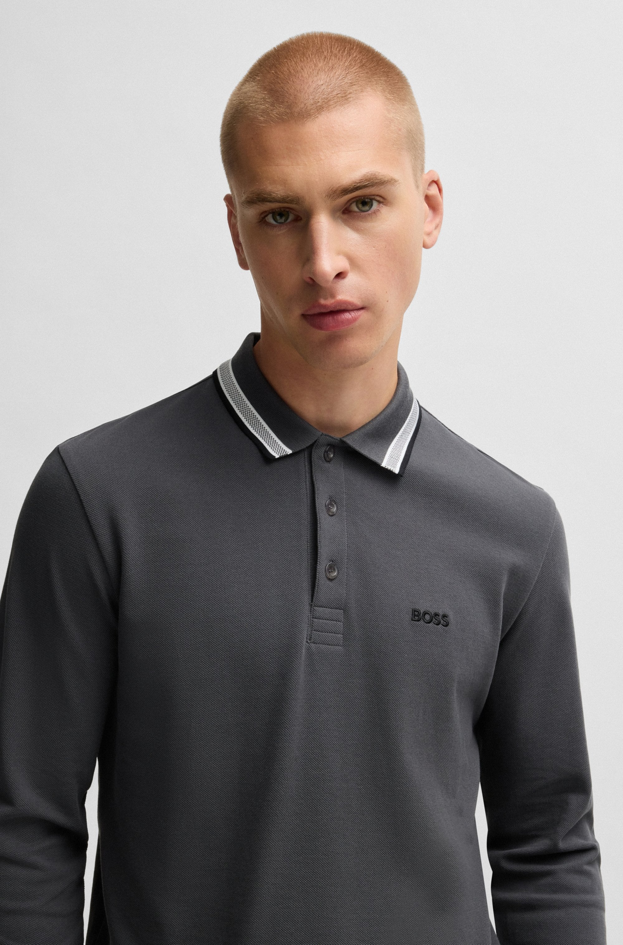 BOSS GREEN Langarm-Poloshirt »Plisy«, mit Streifen am Kragen