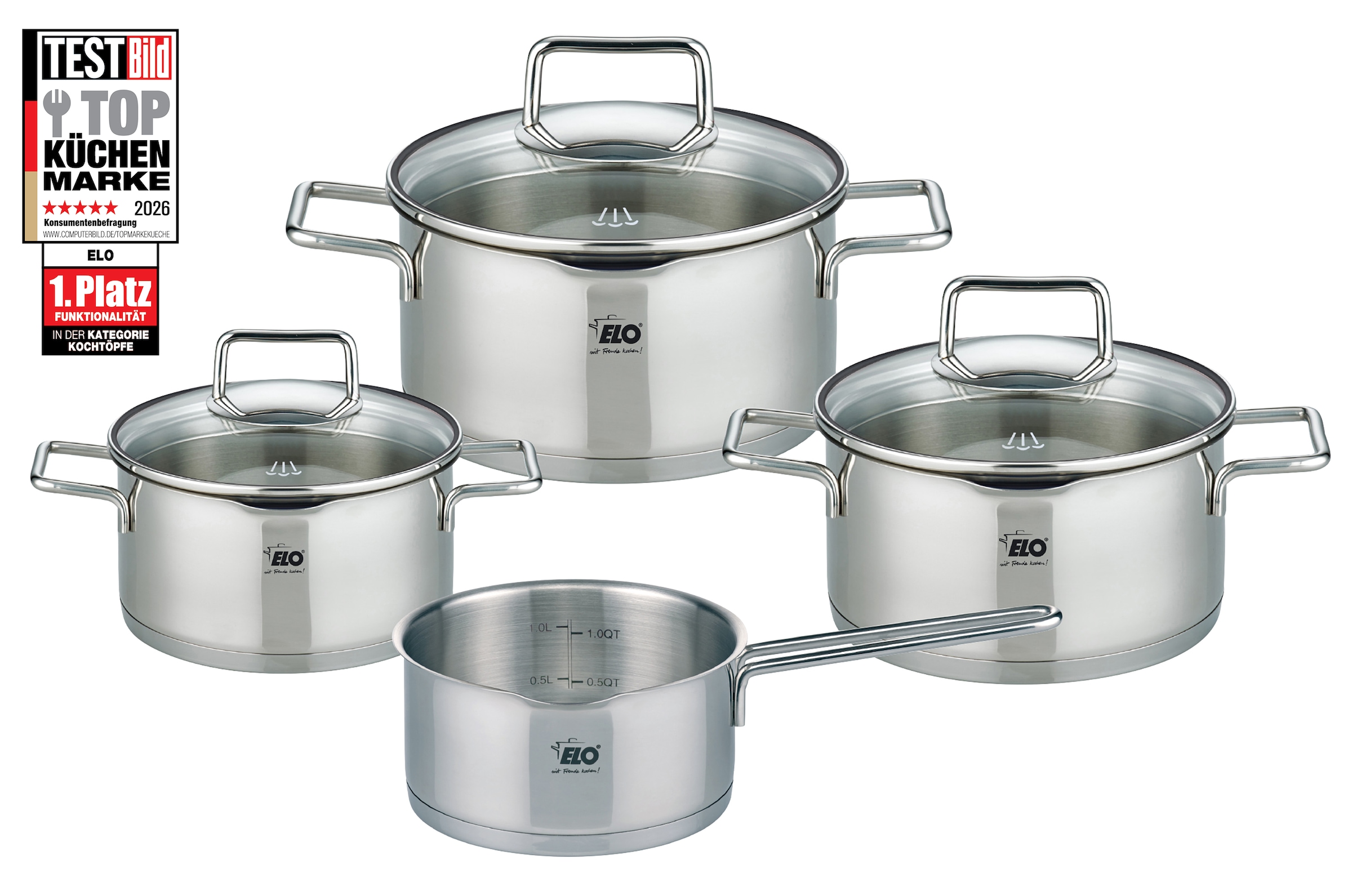 Elo Topf-Set »Smart Steam« Set, je 1 Fleischtopf Ø 16/20/24 cm, 1x Stieltopf Ø 16 cm, 7 Stk. tlg. Edelstahl 18/10