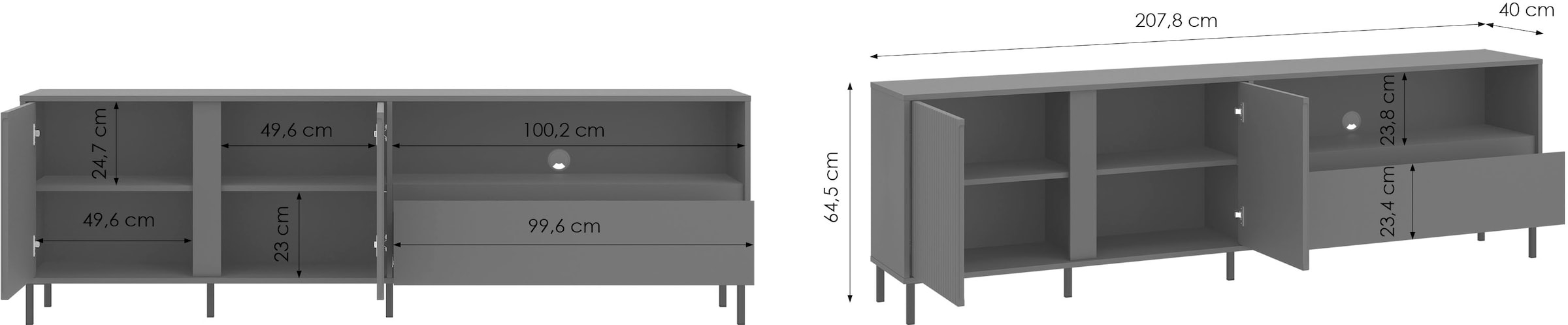 Home affaire Lowboard »AVENALE« Lowboard mit Metallfüßen, Breite 208 cm, Fronten geriffelt