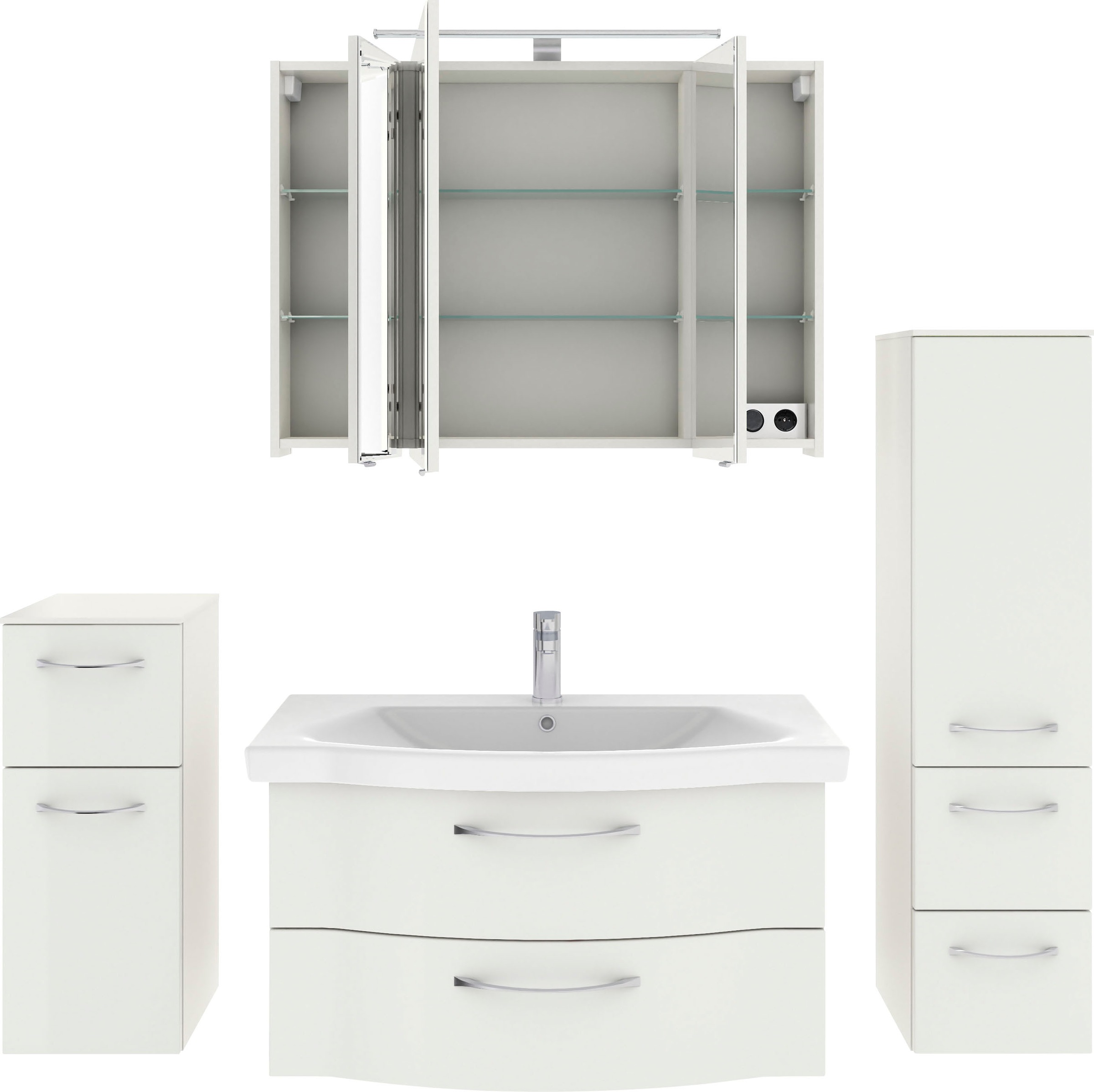 Saphir Badmöbel-Set »6005 Sprint 4-teilig, Keramik-Waschtisch mit LED-Spiegelschrank«, (5 St.), Unterschrank, Midischrank, inkl. Türdämpfer, 5 Türen, 5 Schubladen