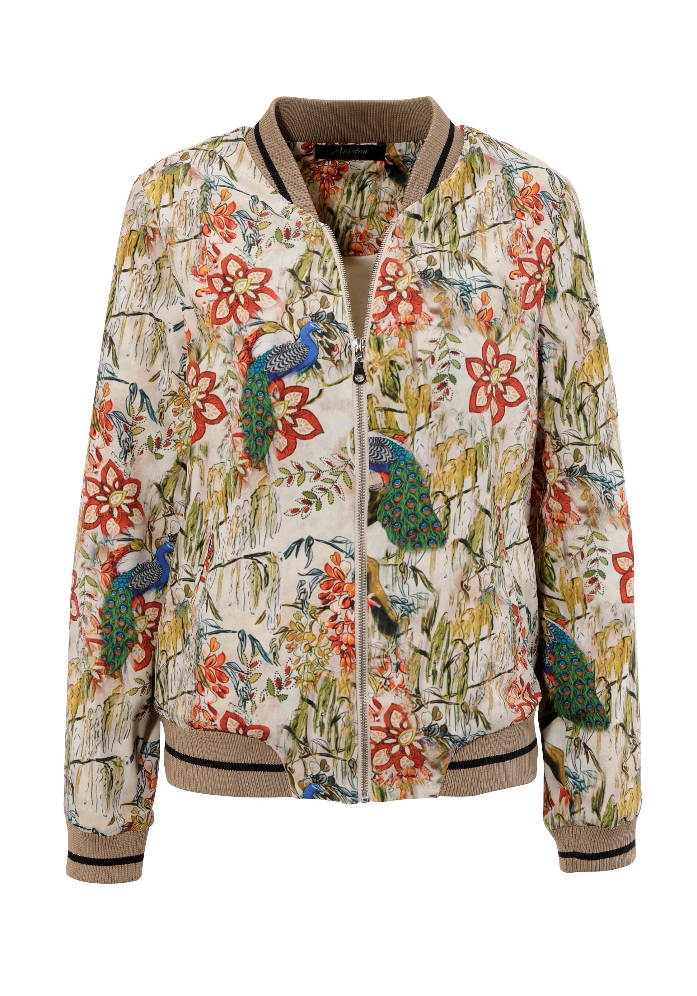 Aniston CASUAL Blouson, mit farbenfrohen Pfauen und Blumen bedruckt