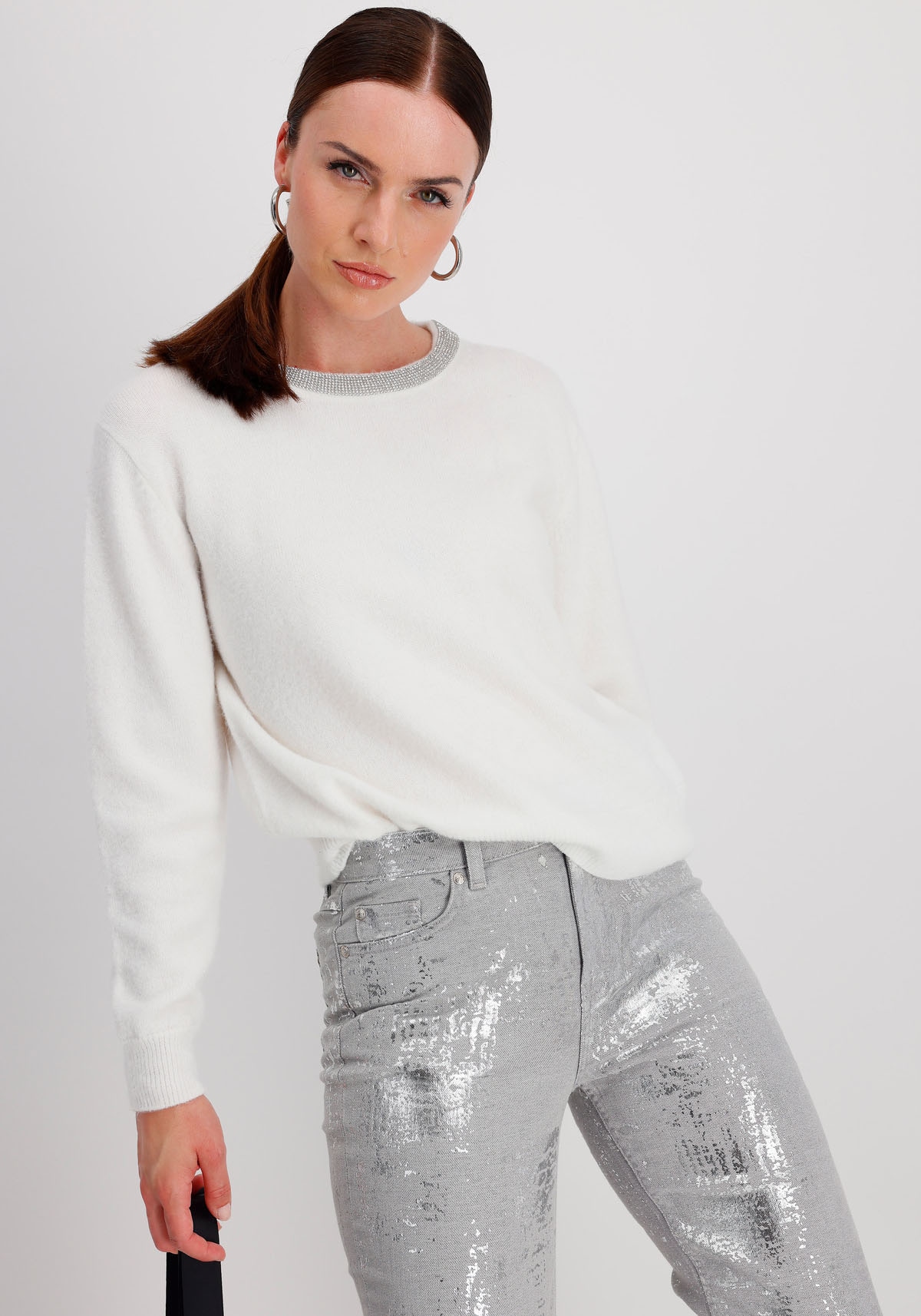 Monari Rundhalspullover, mit Glitzersteinchen am Ausschnitt
