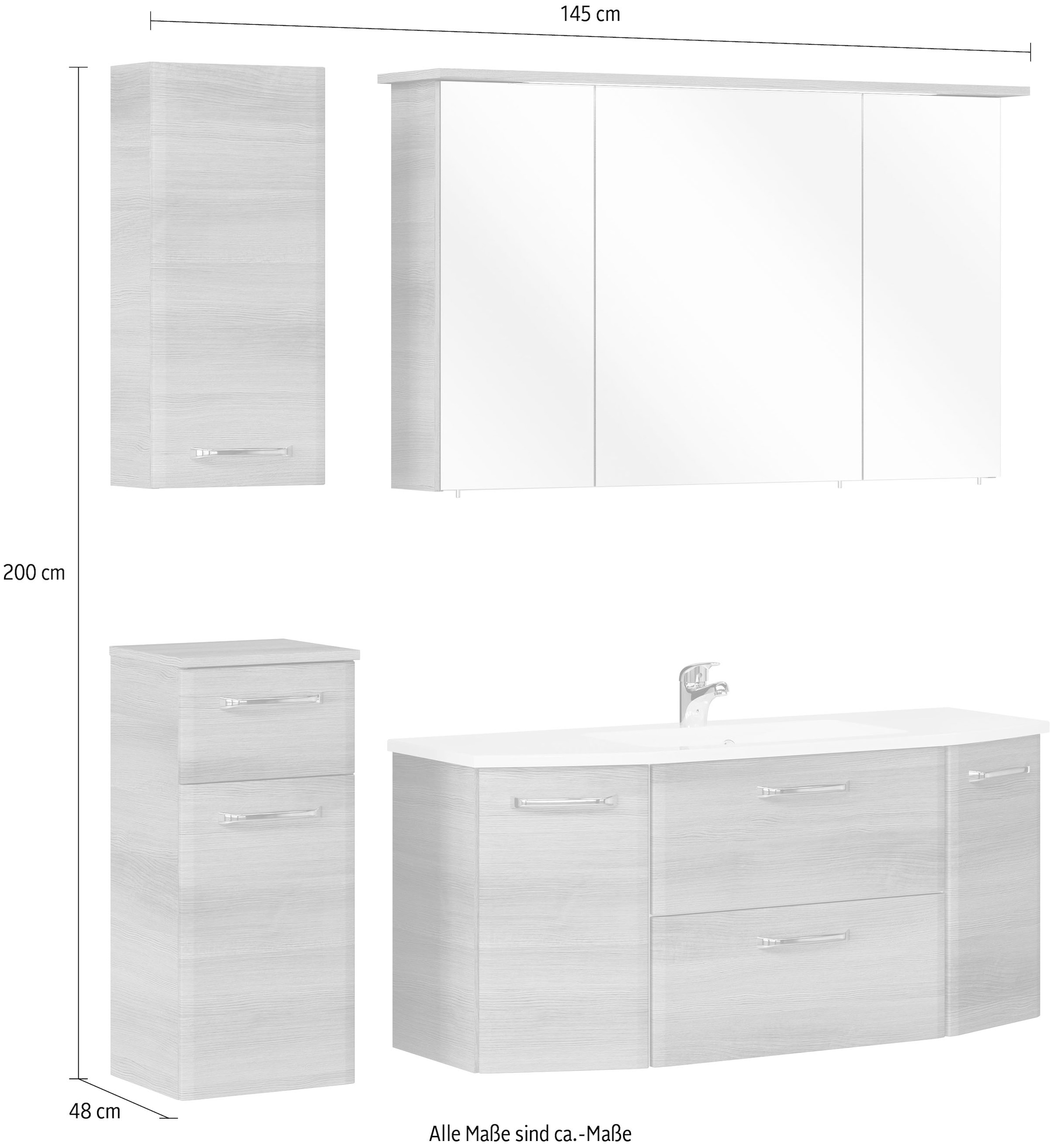Saphir Badmöbel-Set »Quickset 4-teilig, Mineralmarmor-Waschtisch und LED-Spiegelschrank«, (5 St.), Unterschrank, Hängeschrank, inkl. Türdämpfer, 7 Türen, 1 Klappe