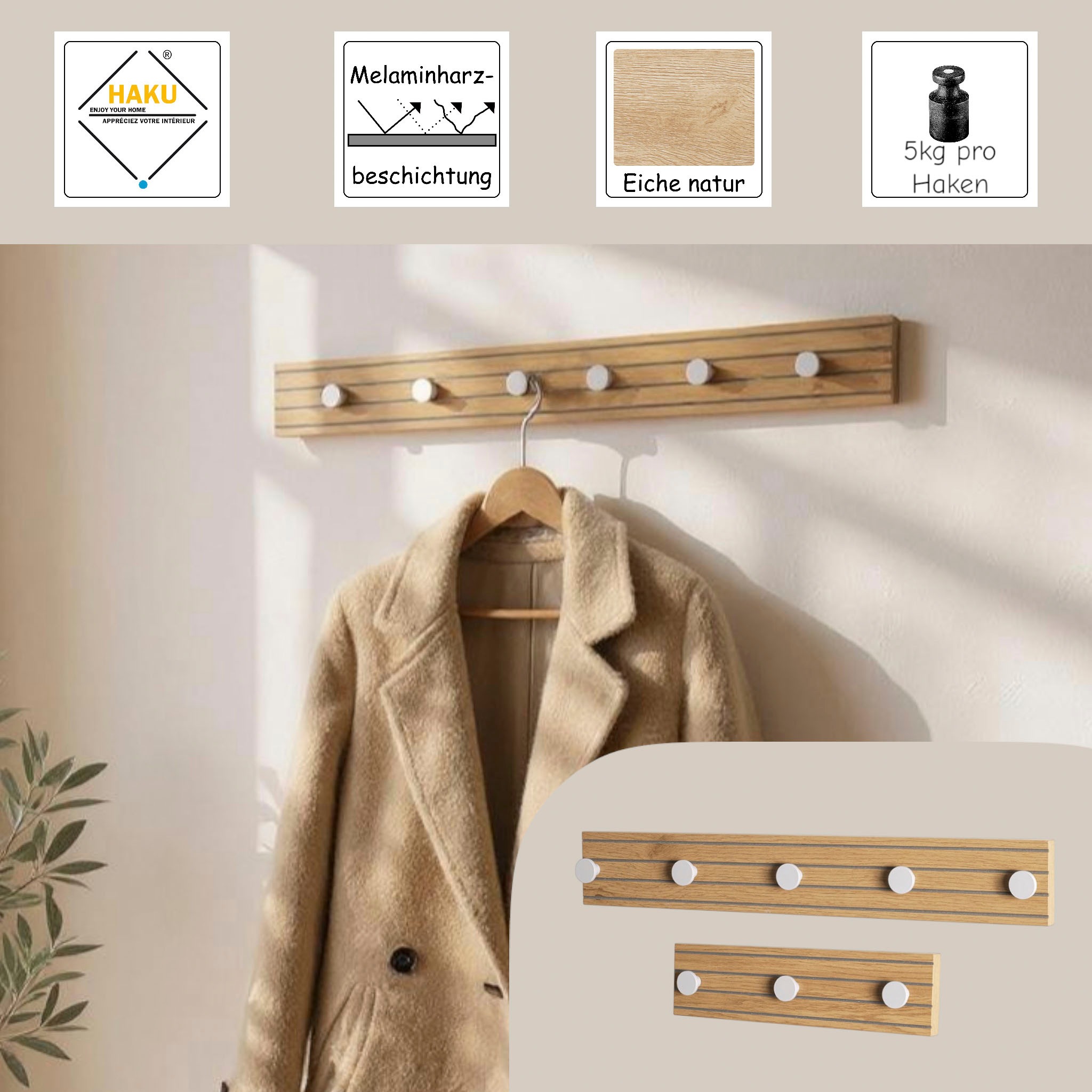 HAKU Wandgarderobe »Flurgarderobe, Garderobe, Garderobenhaken, Garderobenleiste,« 1 Stk. tlg. rechteckig - aus MDF Braun - B/T/H 35/4/9 cm