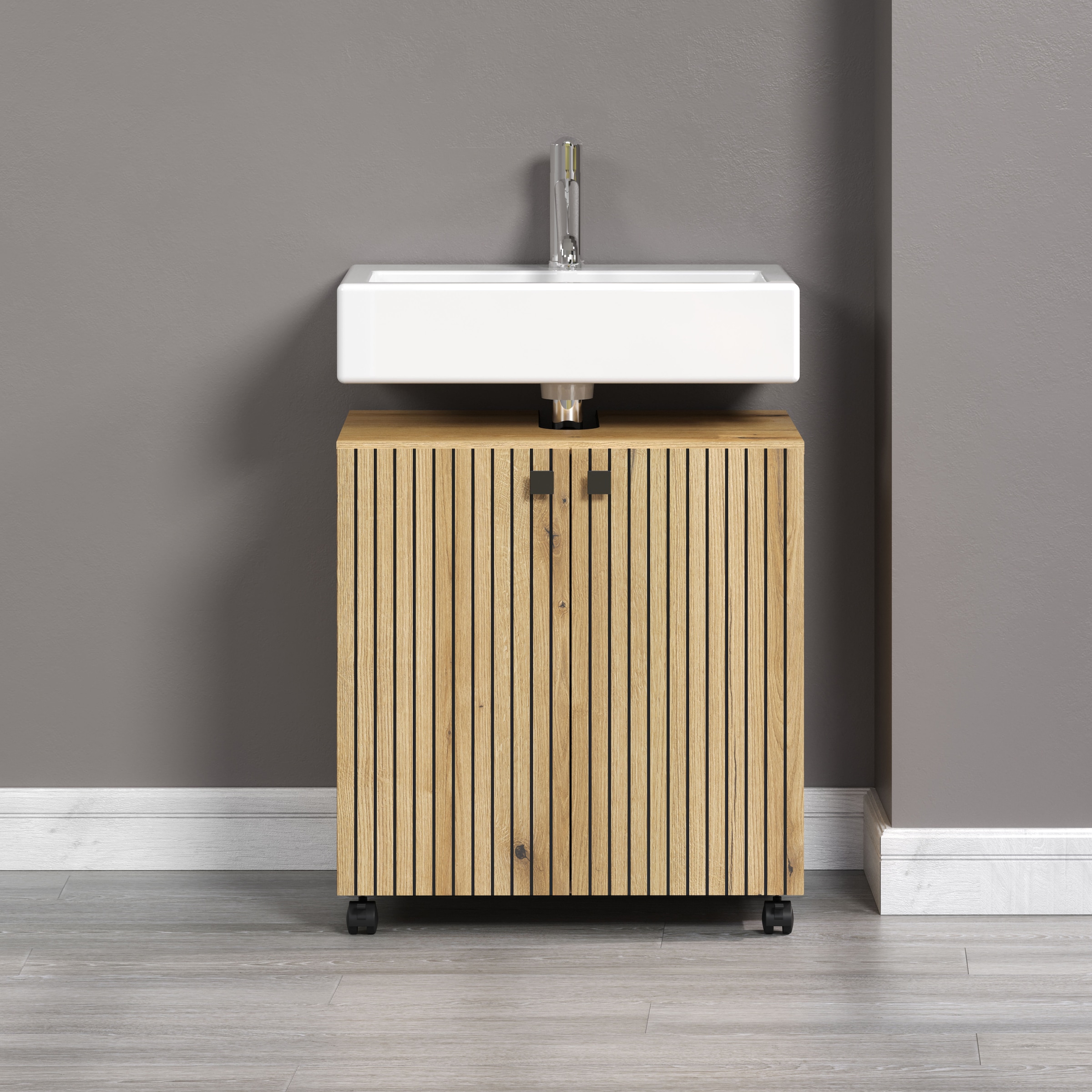 welltime Waschbeckenunterschrank »Amrum«, (1 St.), BxHxT 80 x 64 x 42cm Waschbeckenunterschrank Eiche Rillenoptik