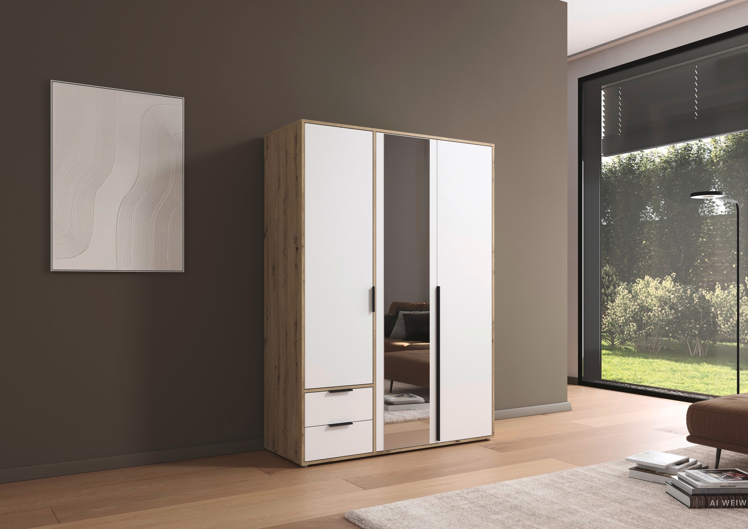 rauch Drehtürenschrank »Kleiderschrank Schrank Garderobe Wäscheschrank NAGATA mit Spiegel«, (in 3 verschiedenen Ausstattungen BASIC/CLASSIC/PREMIUM), und Schubladen sowie Stangengriffen TOPSELLER MADE IN GERMANY