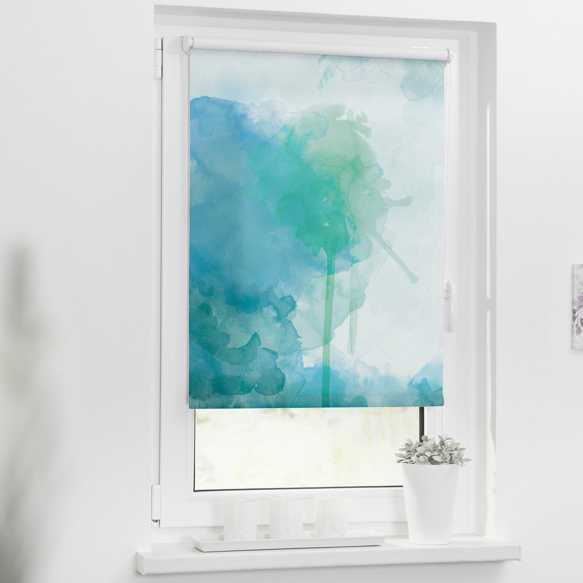 LICHTBLICK ORIGINAL Seitenzugrollo »Rollo Klemmfix, ohne Bohren, Verdunkelung, Aquarell - Blau Grün«, verdunkelnd, Verdunkelung-energiesparend, freihängend