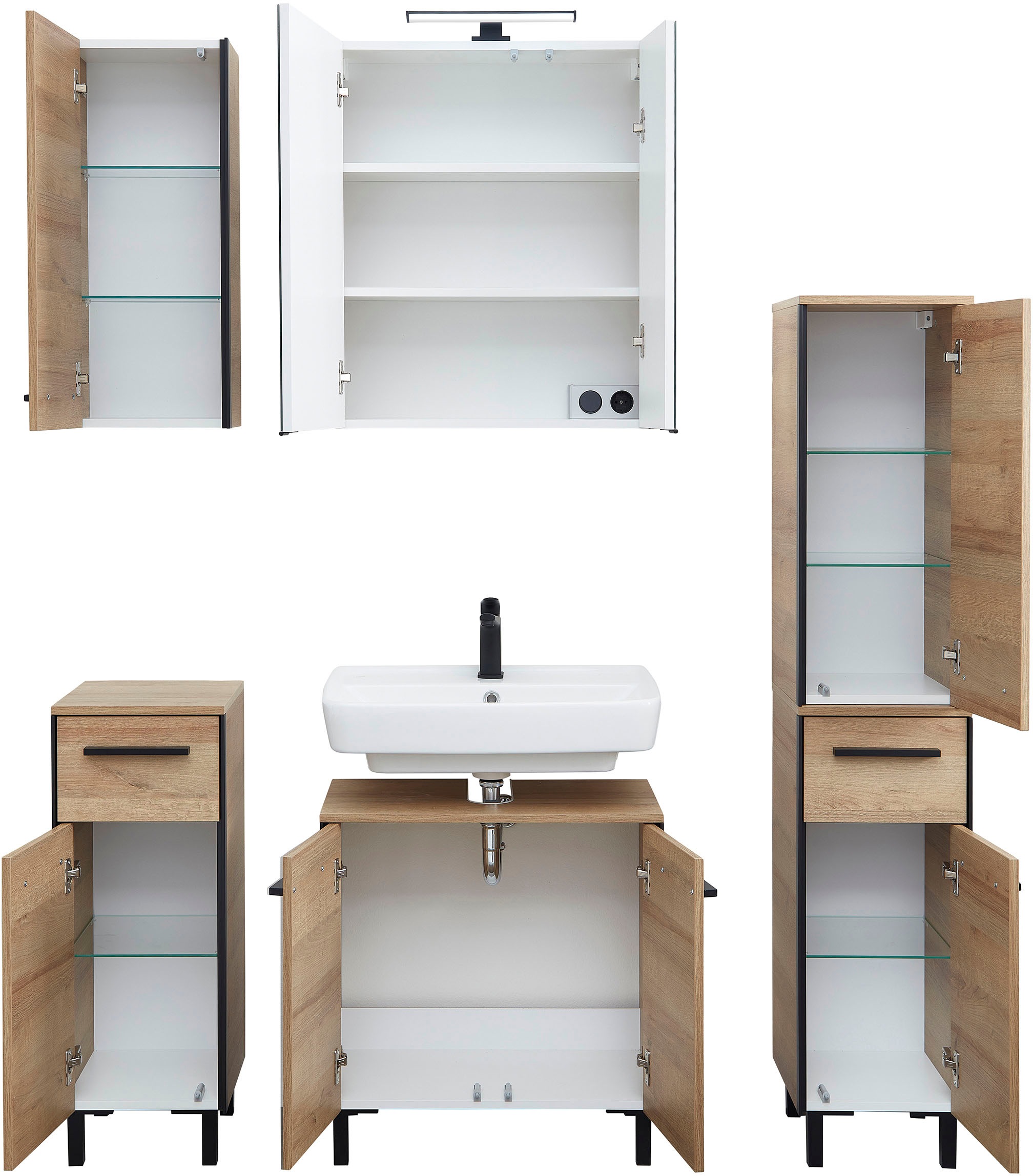 Saphir Badmöbel-Set »Quickset 395 5-teilig, Waschbeckenunterschrank mit LED-Spiegelschrank«, (5 St.), Unterschrank, Hängeschrank, Midischrank, inkl. Türdämpfer, 7 Türen