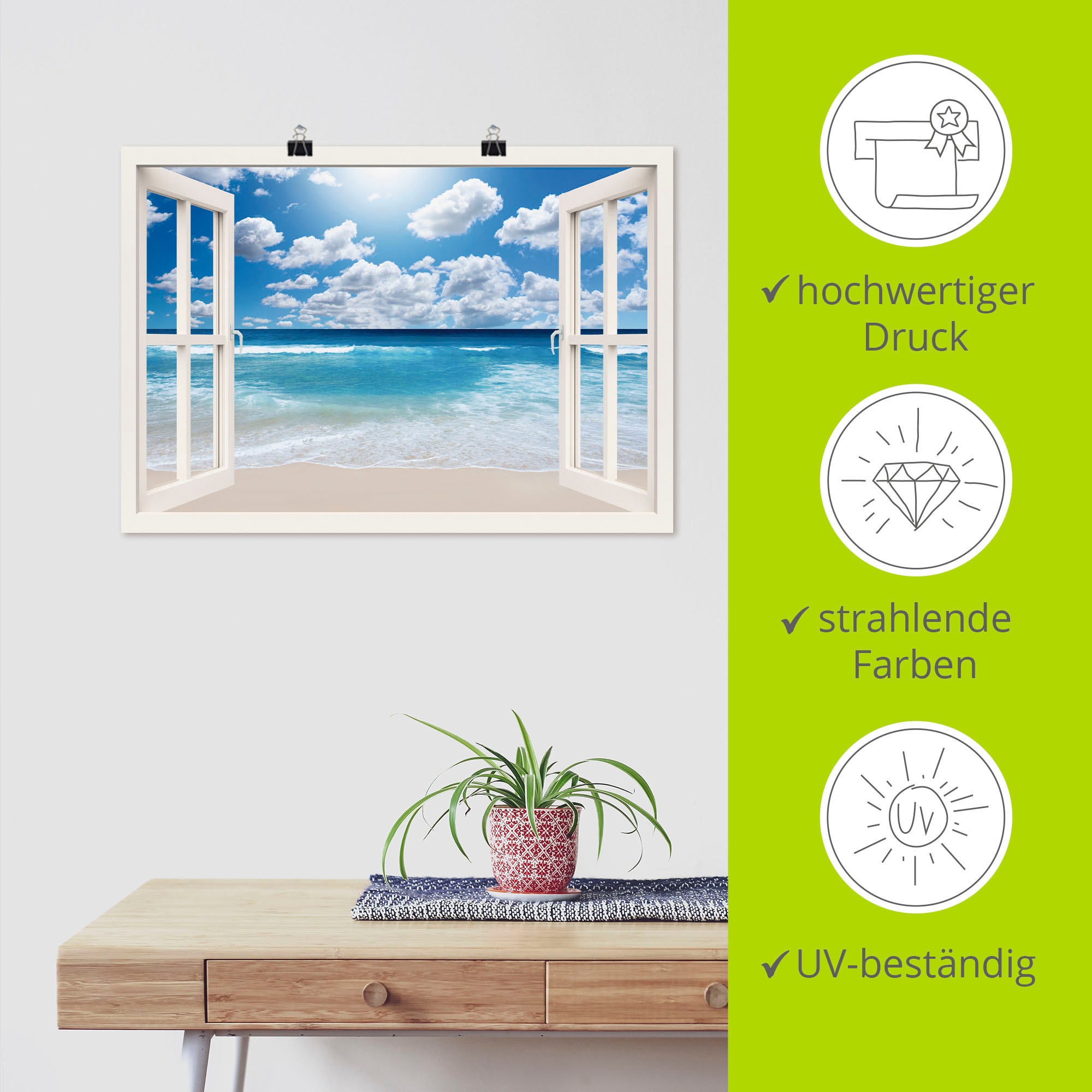 Artland Wandbild »Fensterblick Großartige Strandlandschaft«, Fensterblick, (1 St.), als Leinwandbild, Poster, Wandaufkleber in verschied. Größen