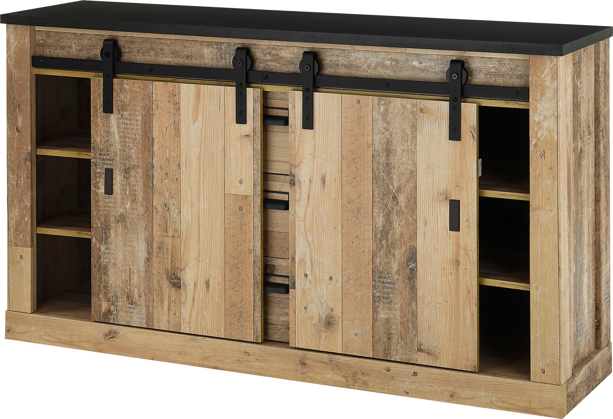 Home affaire Sideboard »SHERWOOD«, Holz mit auf bestellen Raten 161cm Breite Apothekergriffen, und Scheunentorbeschlag Dekor
