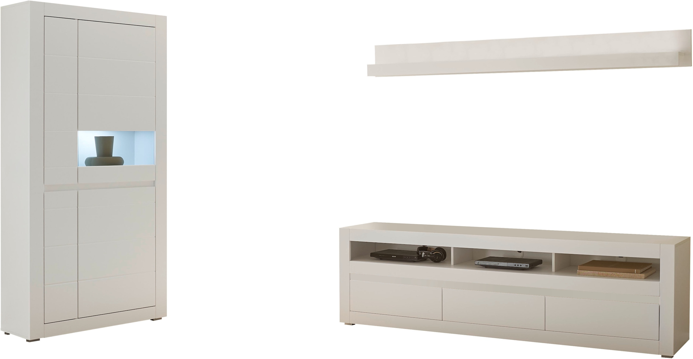 INOSIGN Wohnwand »Anbauwand in Weiß Matt, Wohnzimmer-Set mit austauschbarer Blende«, (Set, 3 St.), enthält Vitrine, Lowboard, Wandboard, zeitloses Design, 312 cm breit