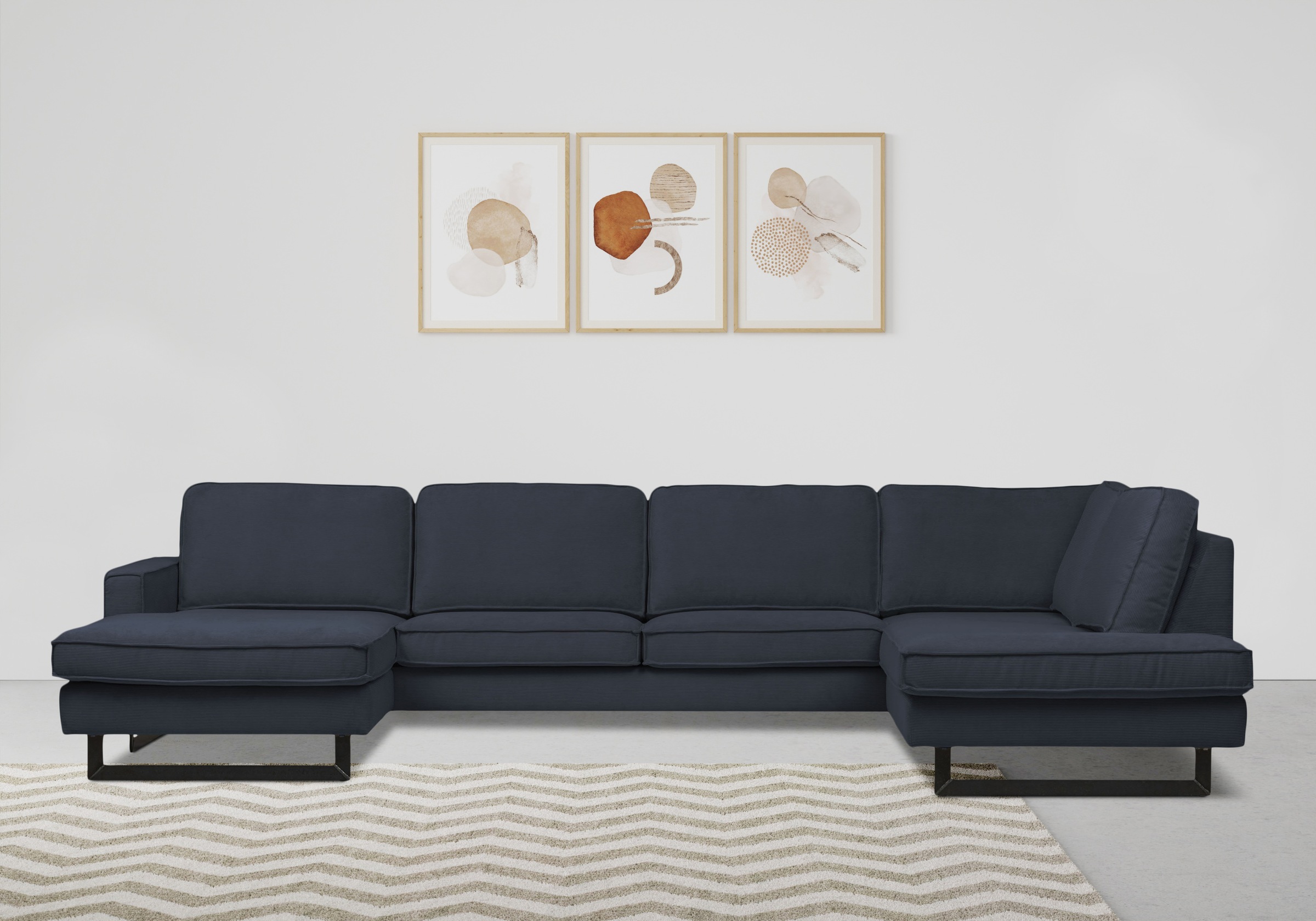 Places of Style Wohnlandschaft »Pinto, 350 cm, U-Form, XXL, mit Ottomanen«, Cord, Chenille, Lederoptik, mit Keder, Metallfüße, Wellenunterfederung