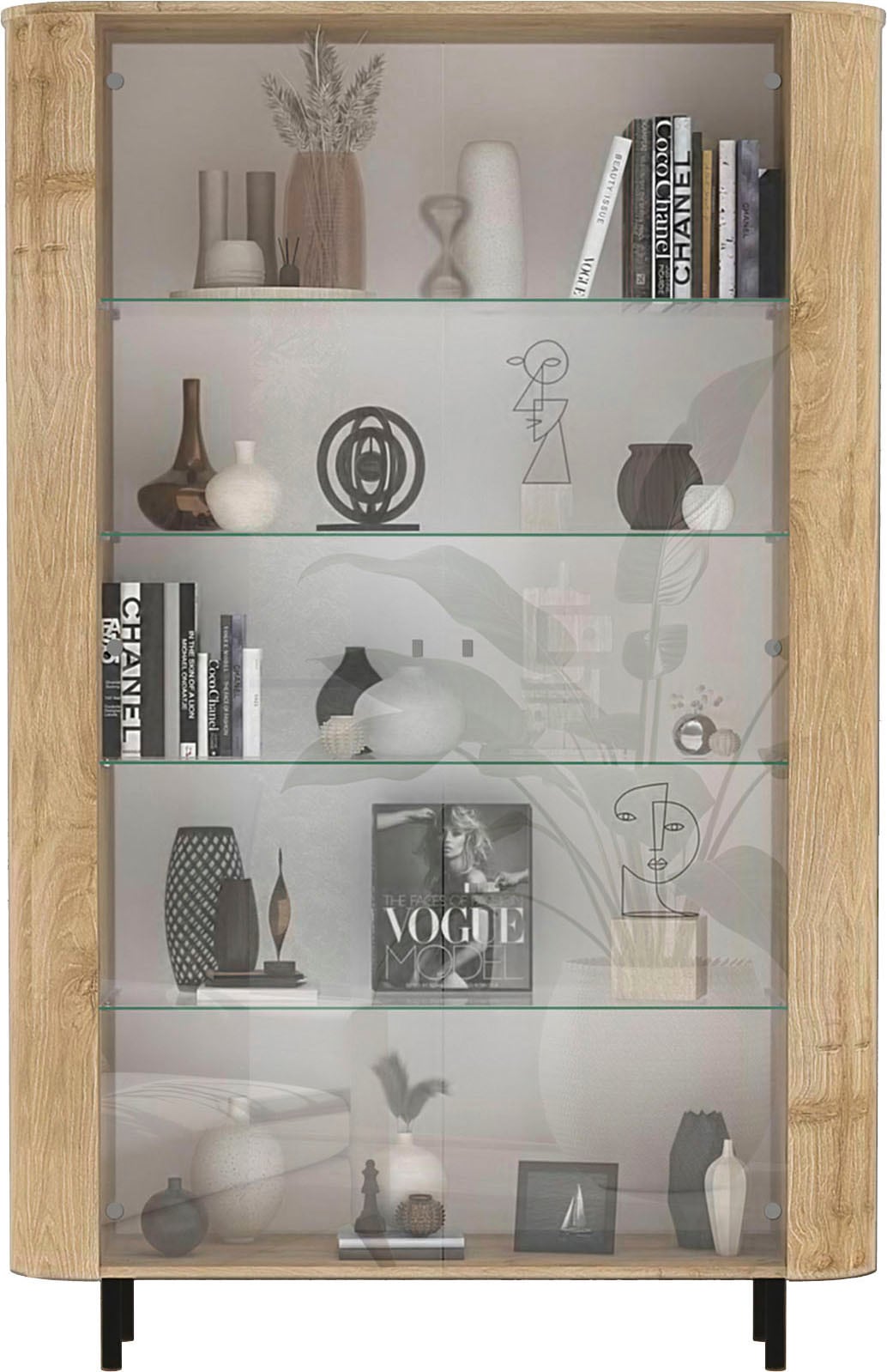 Home affaire Vitrine »Murano, Standvitrine H 200 cm, B 131 cm, 2 Türen, Vitrinenschrank« Formgebogenes MDF, Stirnseiten mit Rundung, Metallfüße, stilvoll
