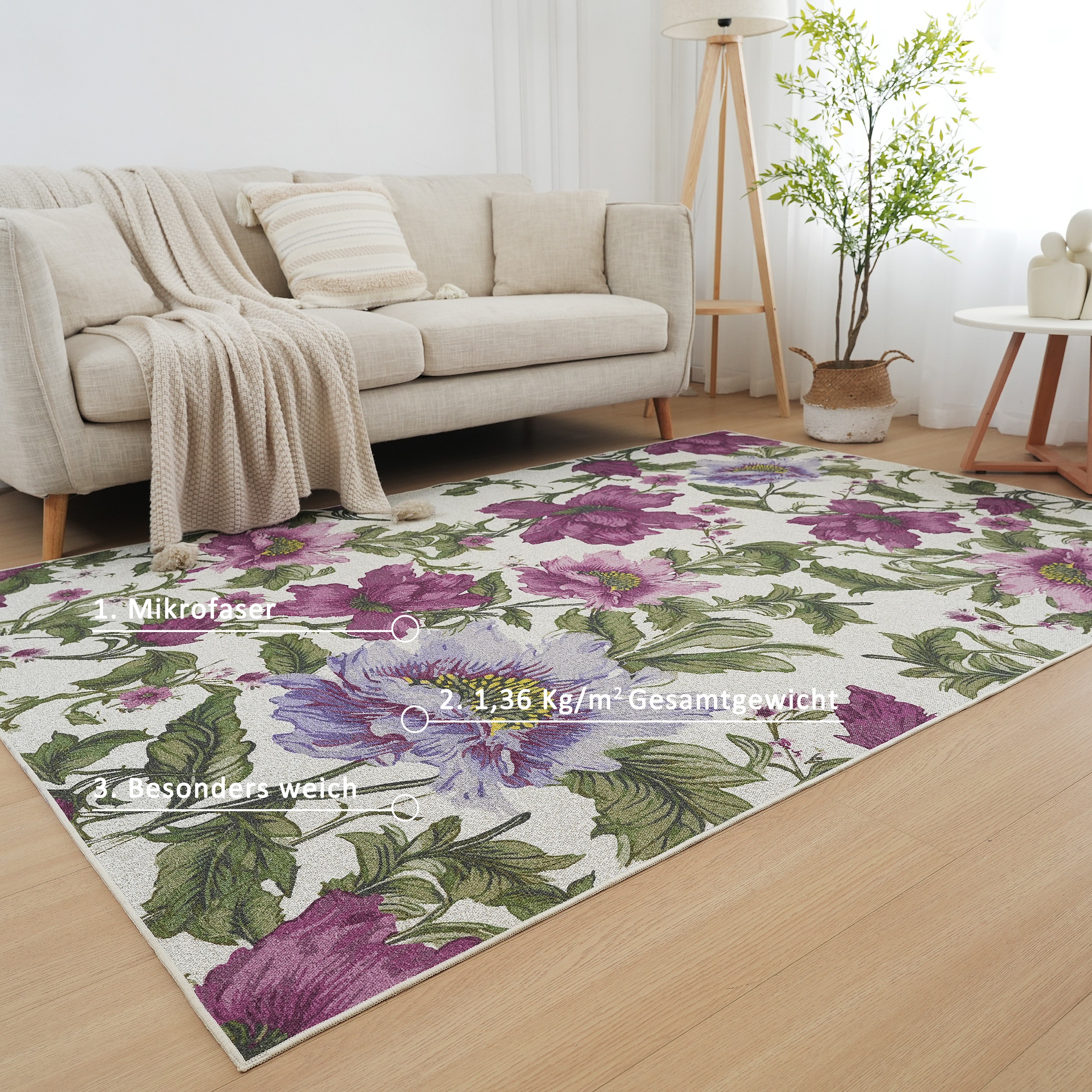 Guido Maria Kretschmer Home&Living Teppich »Toulon«, rechteckig, 4 mm Höhe, Blumen Design, Wohnzimmer, Schlafzimmer, Esszimmer, waschbar