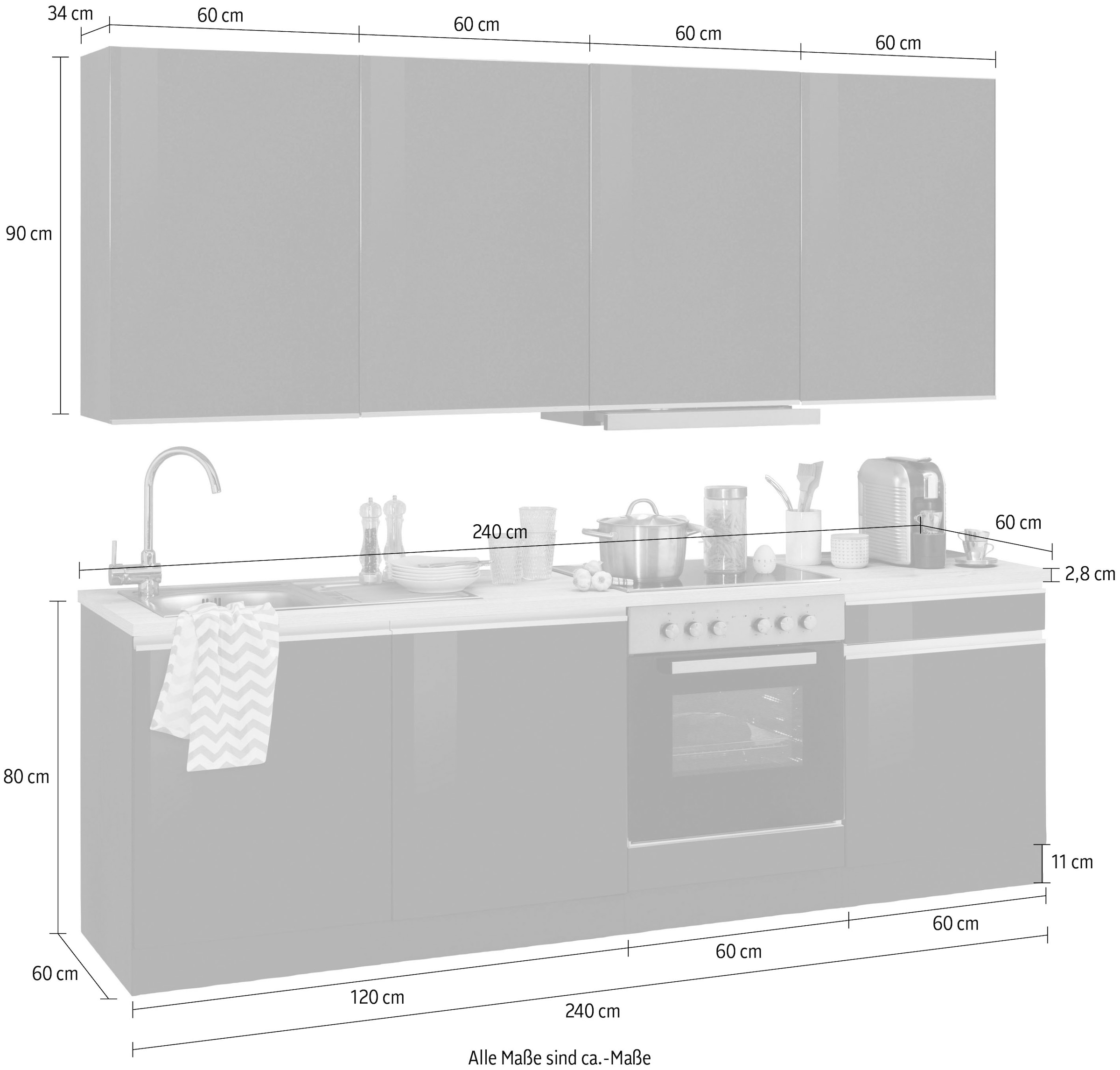 KOCHSTATION Küchenzeile »KS-Ohio«, mit E-Geräten, Breite 240 cm