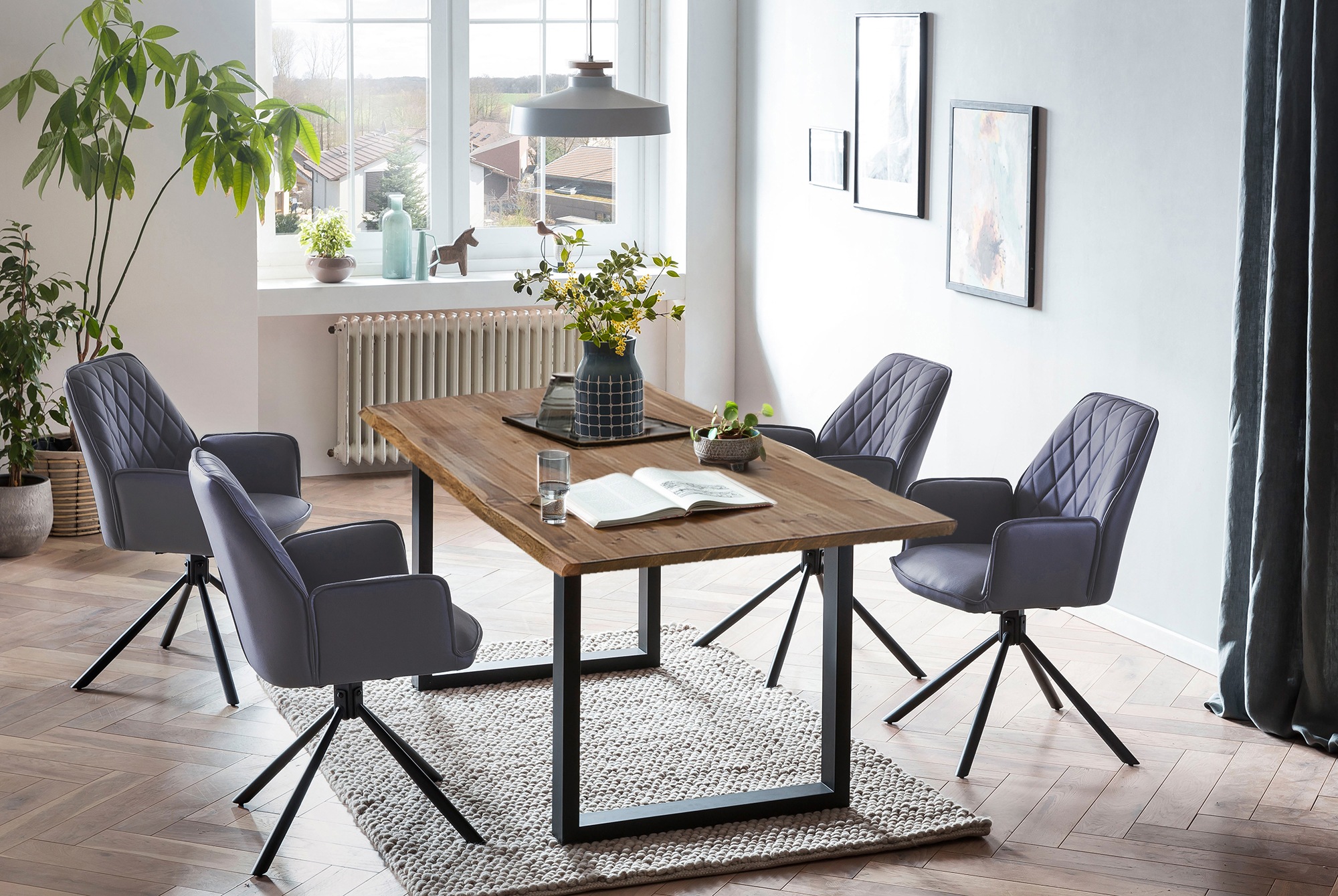 SALESFEVER Essgruppe »Essgruppe im stilvollen Design« Set, 5 Stk. tlg. 5-teilige Sitzgruppe mit 360° drehbarer Sitzfläche Walnuss, Grau, Schwarz +...