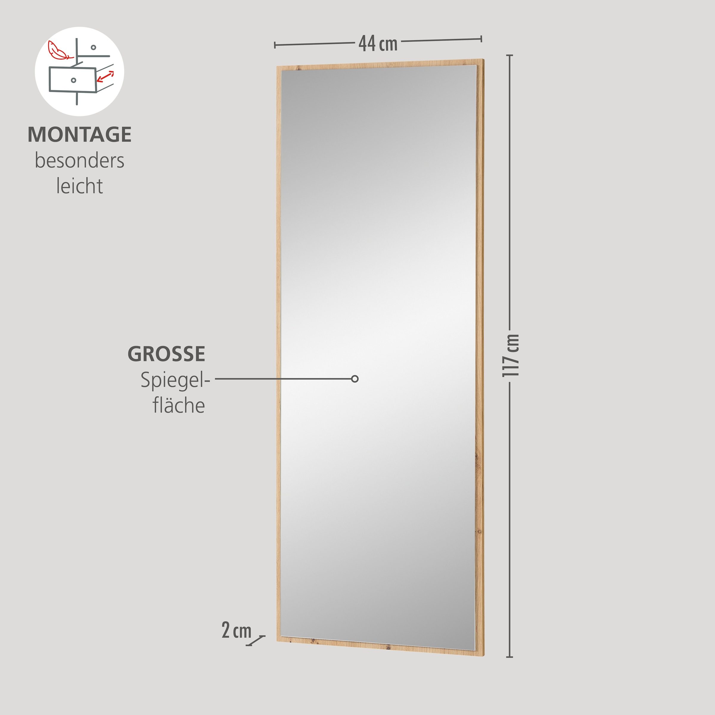 Innostyle Garderobenspiegel »BARI Wandspiegel«, (1 St.), Spiegelfläche 44 x 117 cm