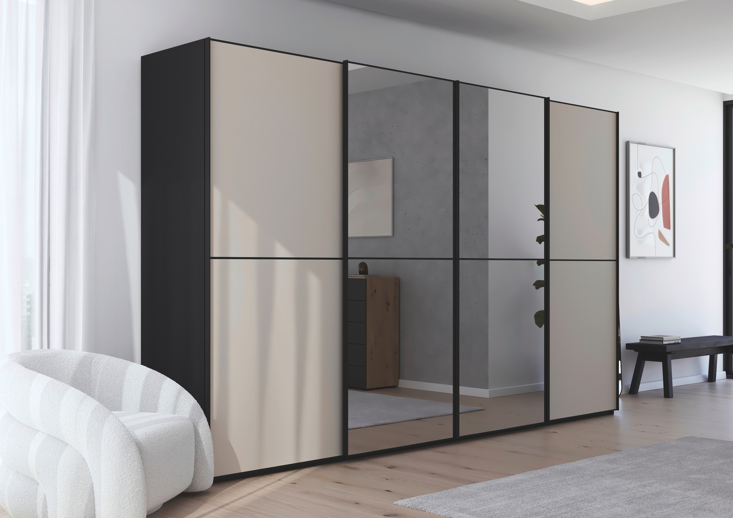 rauch Schwebetürenschrank »Kleiderschrank Schrank Garderobe Schlafzimmerschrank SCALE-DUO«, edle zweigeteilte Türen Spiegel/Glas-Mix 3 Zierleisten MADE IN GERMANY