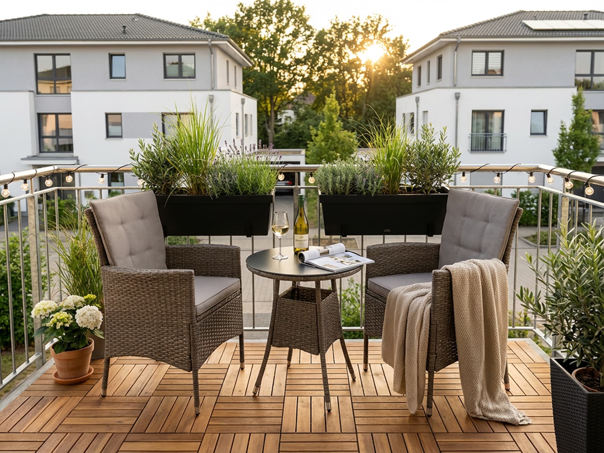 KONIFERA Garten-Essgruppe »Balkonset "Mailand"« Set, 2 Sessel, Tisch Ø 50 cm, inkl. Auflagen, 7 Stk. tlg. Polyrattan, Tischplatte aus Sicherheitsglas, verzinkter Stahl