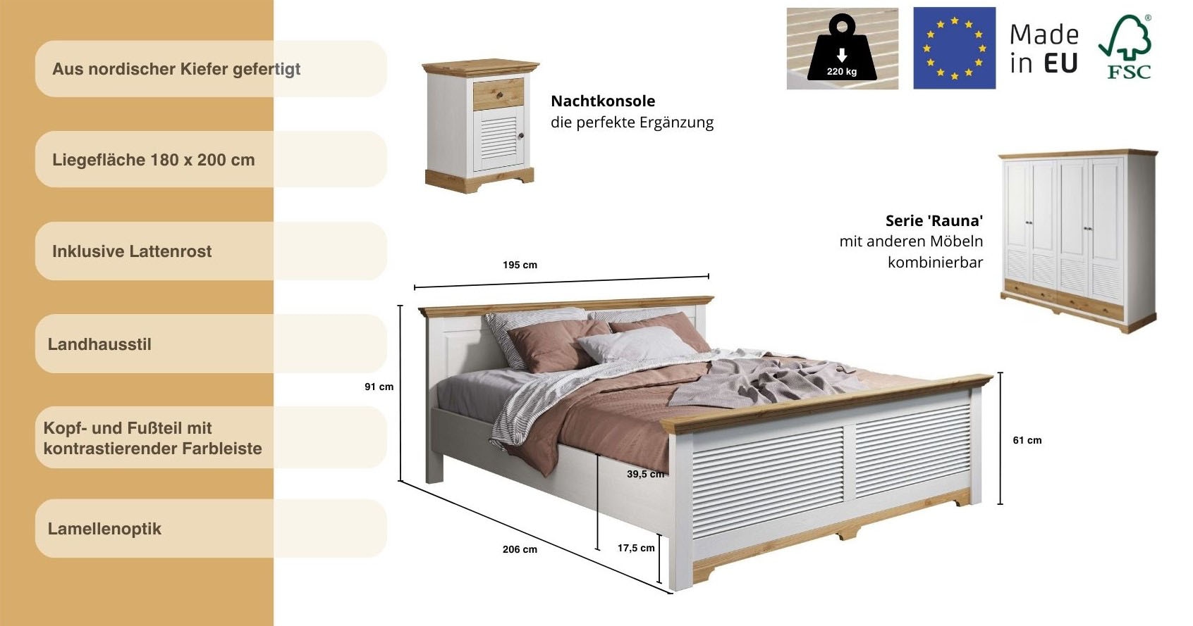Home affaire Bett »Rauna, Landhausstil, edles Design mit Lamellen und Kassetten, 2 Farben«, (Breite/Belastbarkeit 180cm=220 KG, 90cm=120KG), FSC® zertifiziertes Kieferholz, massive Qualität mit Lattenrost