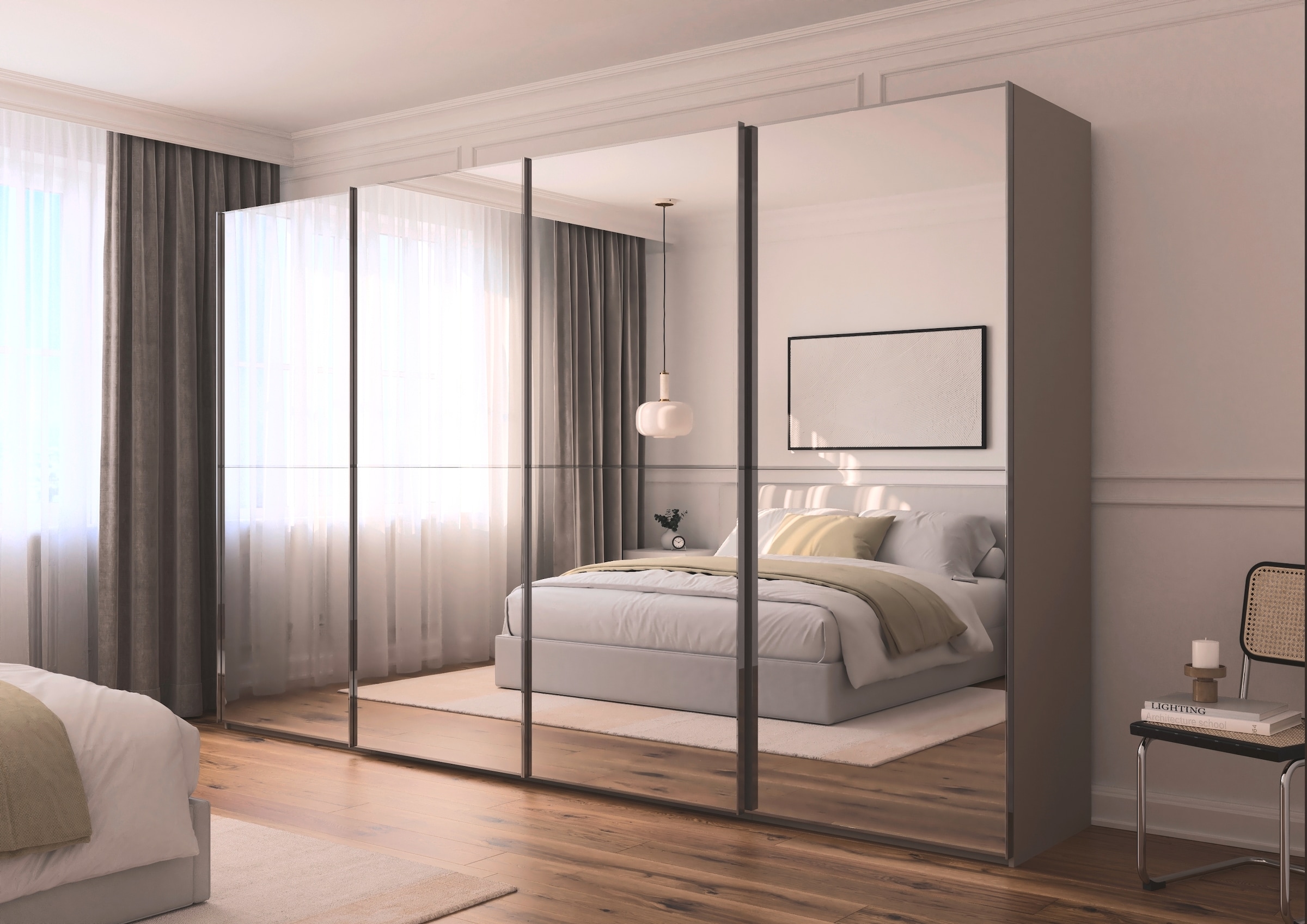 rauch Schwebetürenschrank »Kleiderschrank Schrank Garderobe Schlafzimmerschrank SCALE-DUO«, edle zweigeteilte Türen Spiegelfront und 3 Zierleisten MADE IN GERMANY