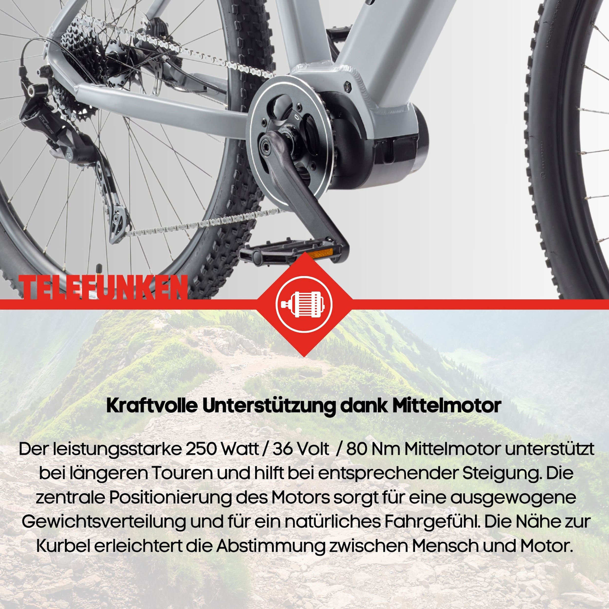Telefunken »Aufsteiger MT925« 9 Gang Shimano Cues Schaltwerk Kettenschaltung Mittelmotor 250 W Pedelec, Elektrofahrrad, Damen u. Herren, E-MTB, Mountainbike, 29 Zoll