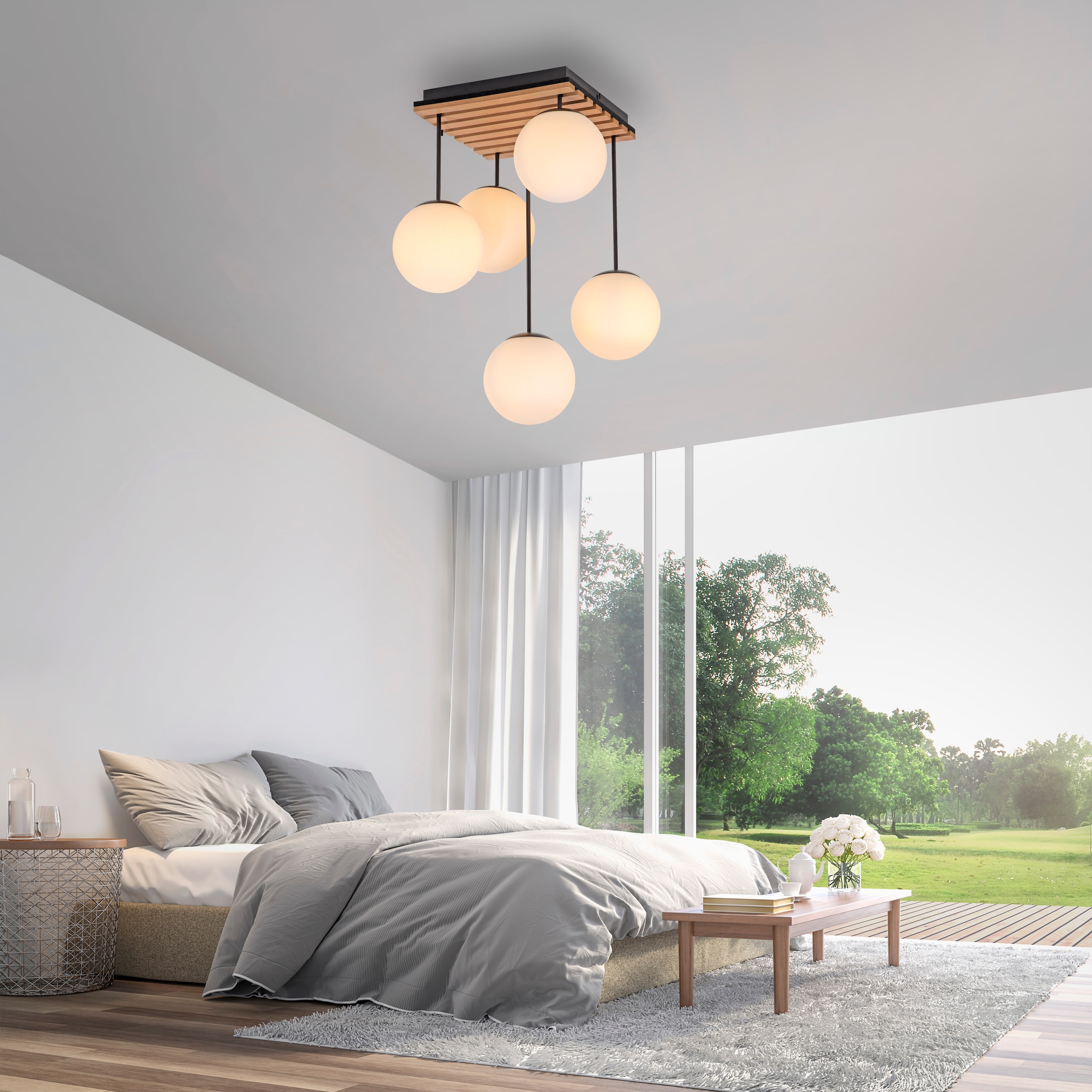 Leonique Deckenleuchte »Erinette Akustikpaneele mit Glaskugeln«, 5 flammig, Leuchtmittel E14 | ohne Leuchtmittel-Leuchtmittel wechselbar, Holz, Akustik, Paneele, Glas, Deckenlampe E14