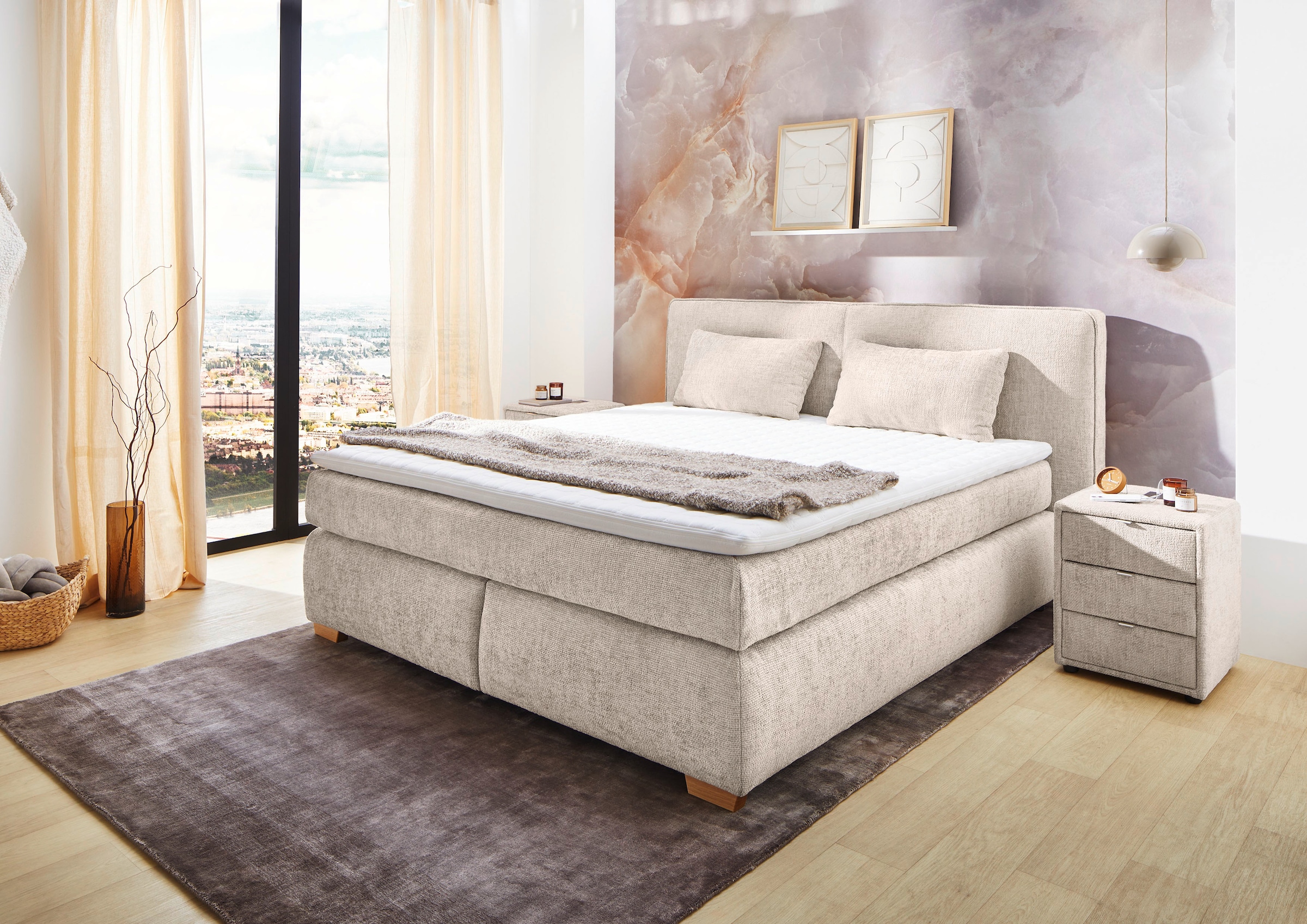 Jockenhöfer Gruppe Boxspringbett »Valentina in der Breite 180cm, beige, extra dickes Kopfteil mit Keder« 7-Zonen-TTFK-Matratzen, Visco-Topper, verschiedene Härtegrade wählbar