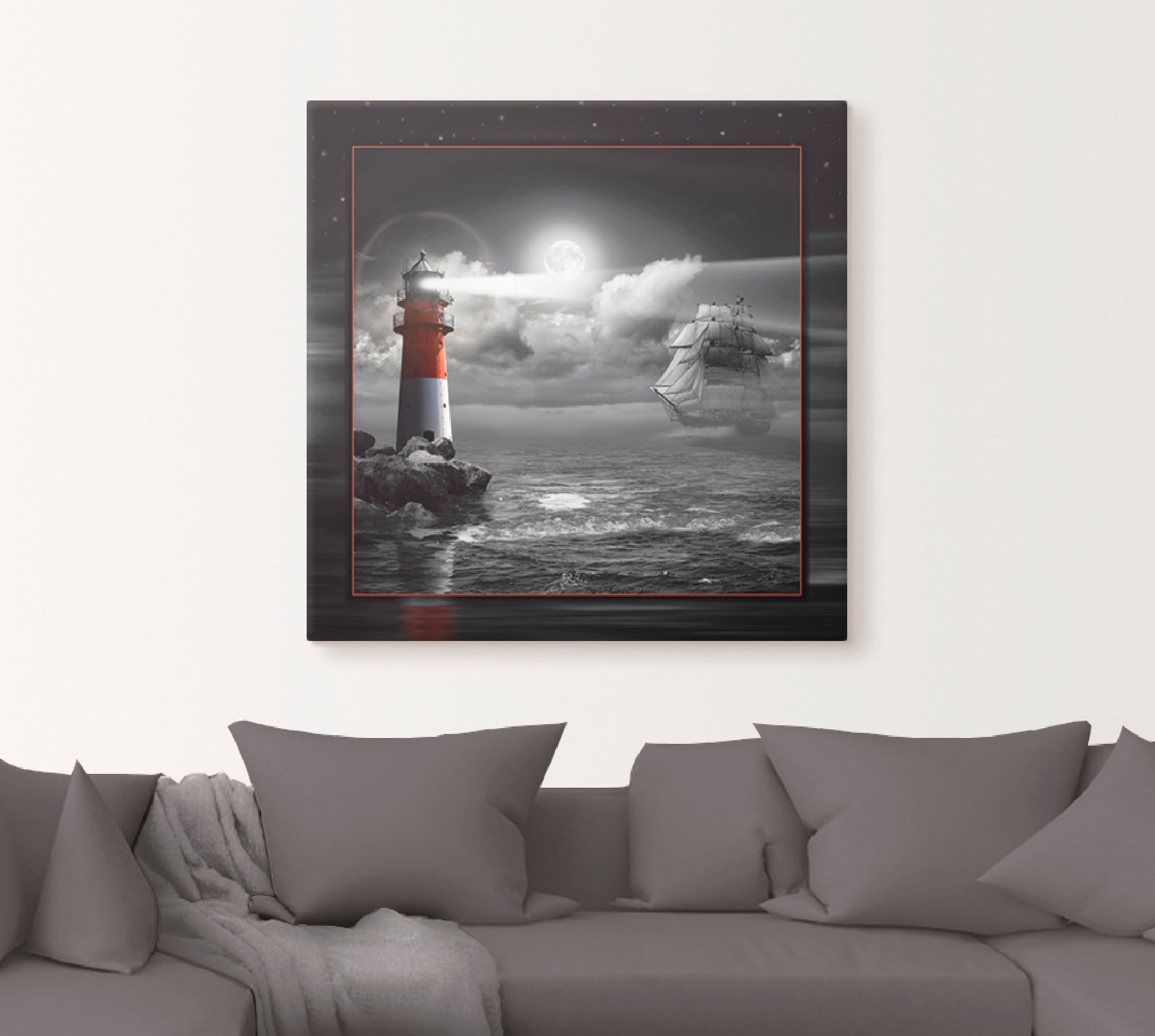 Artland Wandbild »Leuchtturm und Segelschiff im Mondschein«, Küste, (1 St.), als Leinwandbild, Poster, Wandaufkleber in verschied. Größen