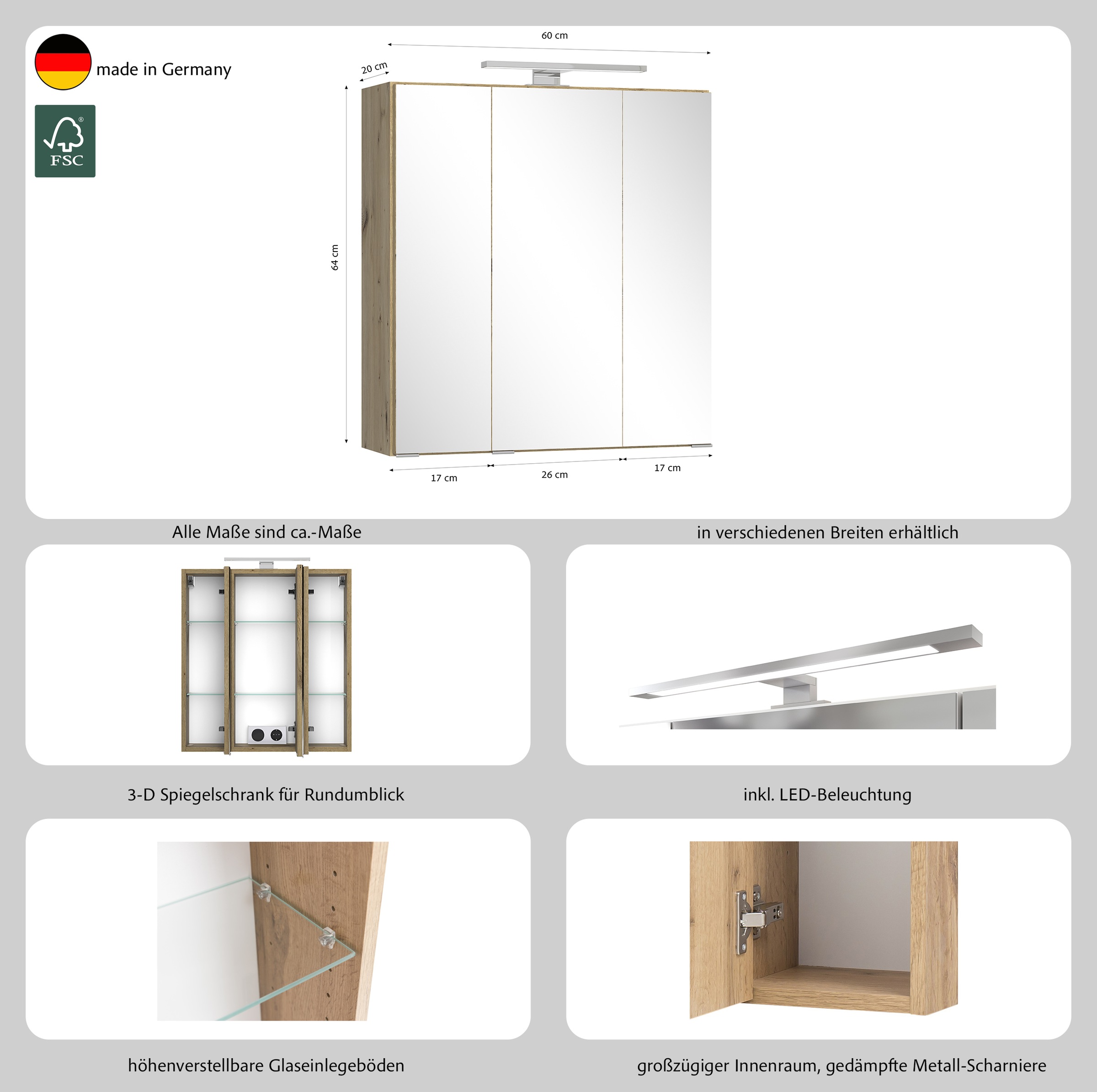 welltime Badezimmerspiegelschrank »CABO, gedämpfte Scharniere« Rundumsicht, dank besonderer Klapptechnik