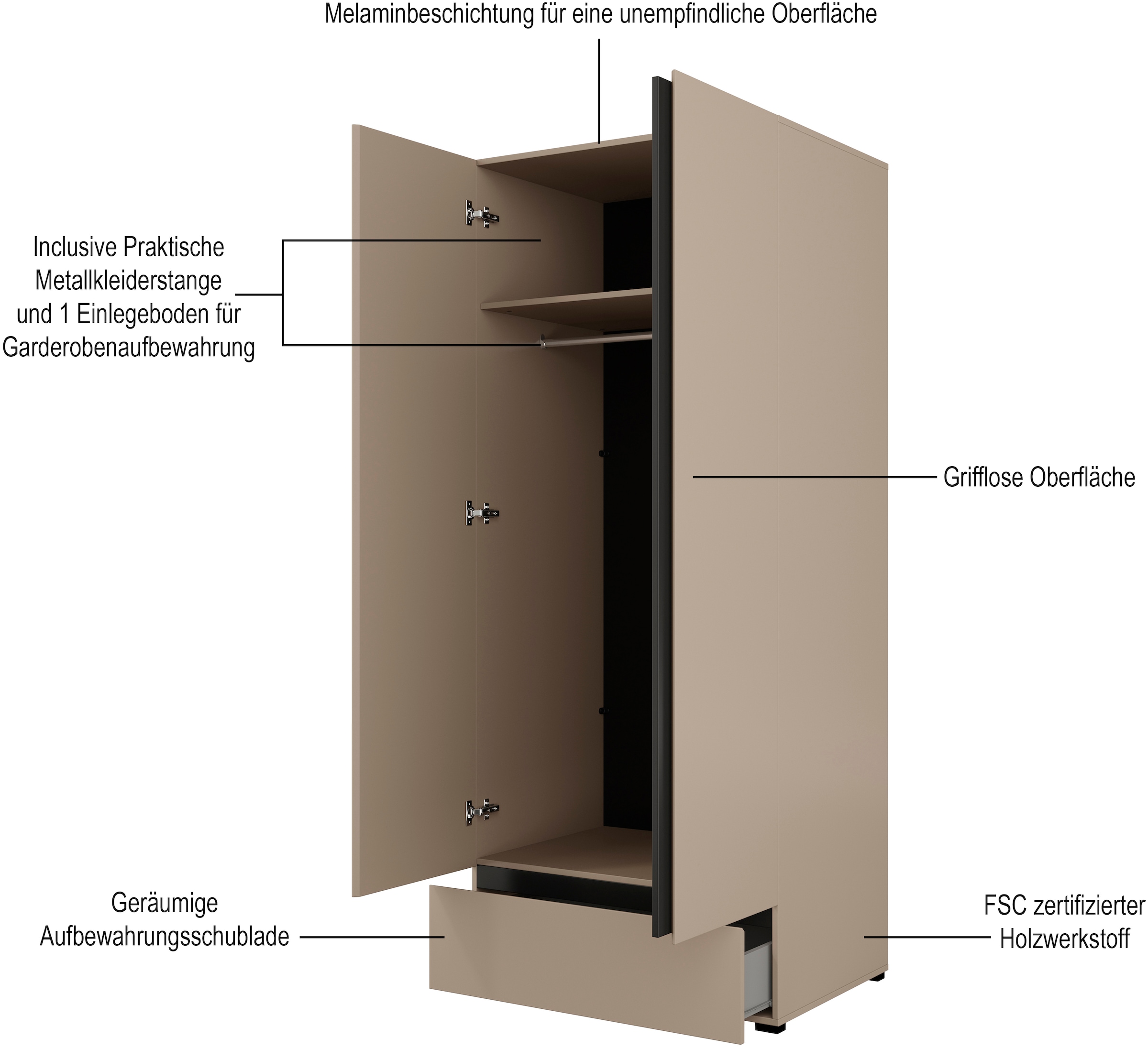 INOSIGN Drehtürenschrank »Cross, moderner griffloser Kleiderschrank«, Wäscheschrank mit Schublade, Garderobe, Türen