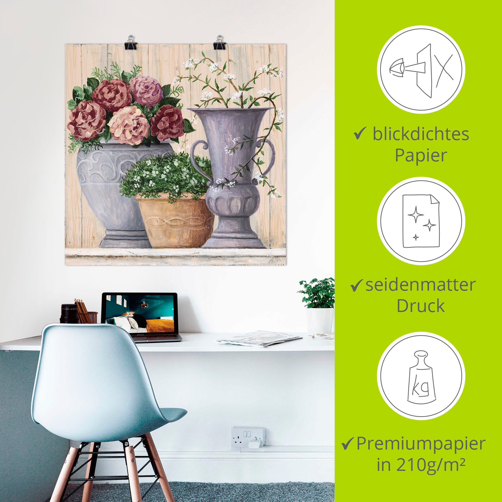 Artland Wandbild »Antike Blumen_hell«, Vasen & Töpfe, (1 St.), als Alubild, Outdoorbild, Leinwandbild, Poster, Wandaufkleber