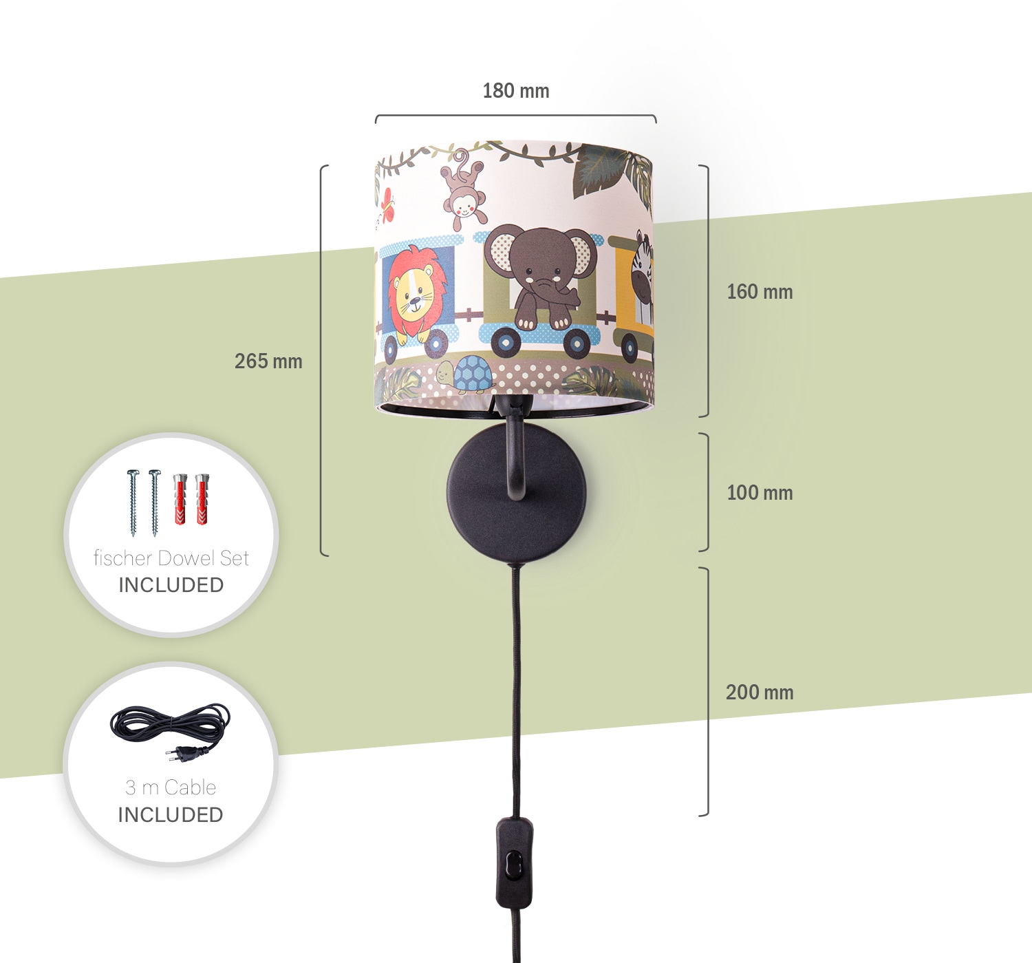Paco Home Wandleuchte »Diamond 635«, 1 flammig, Leuchtmittel E14 | ohne Leuchtmittel, Kinderlampe Innen Mit âˆ…18cm Zoo Tiere Zug Kabellänge 3m E14