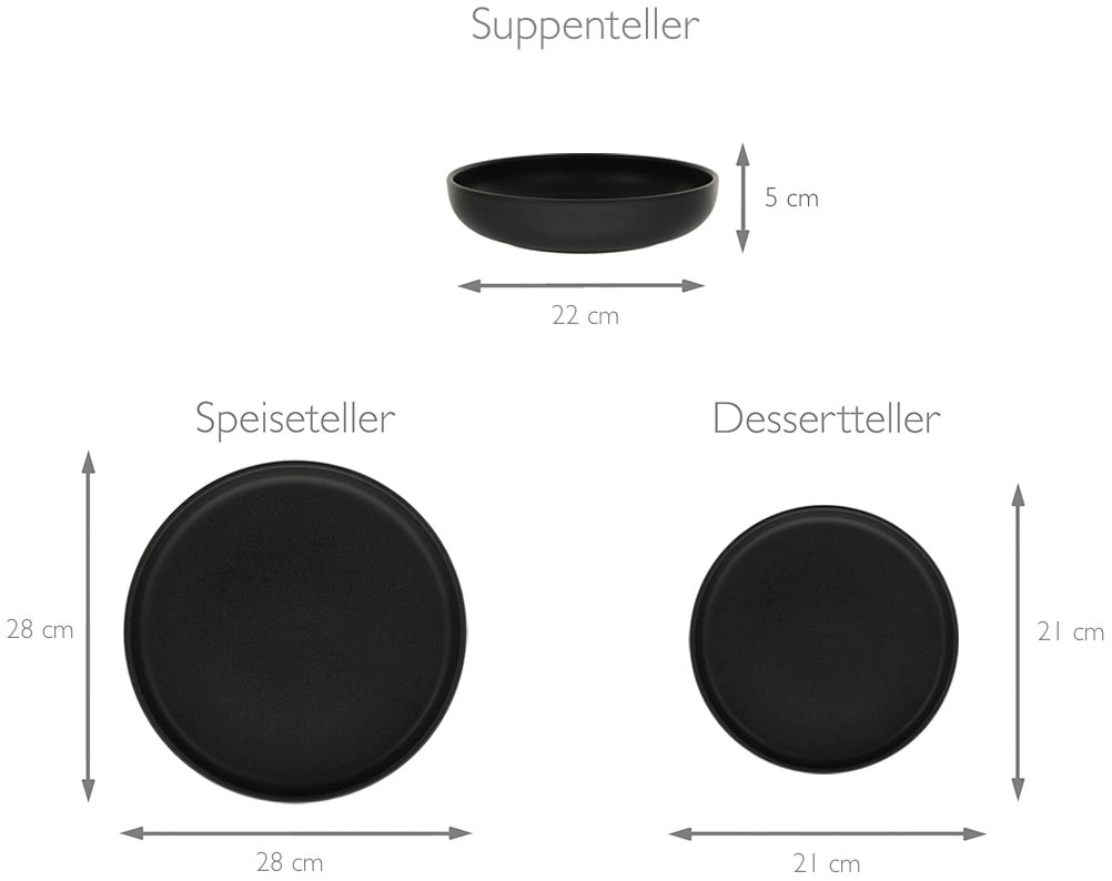 CreaTable Tafelservice »Geschirr-Set Uno Black«, (Set, 12 tlg., Teller Set für 4 Personen), Service, schwarz, seidenmatte Spezialglasur,12 Teile, für 4 Personen