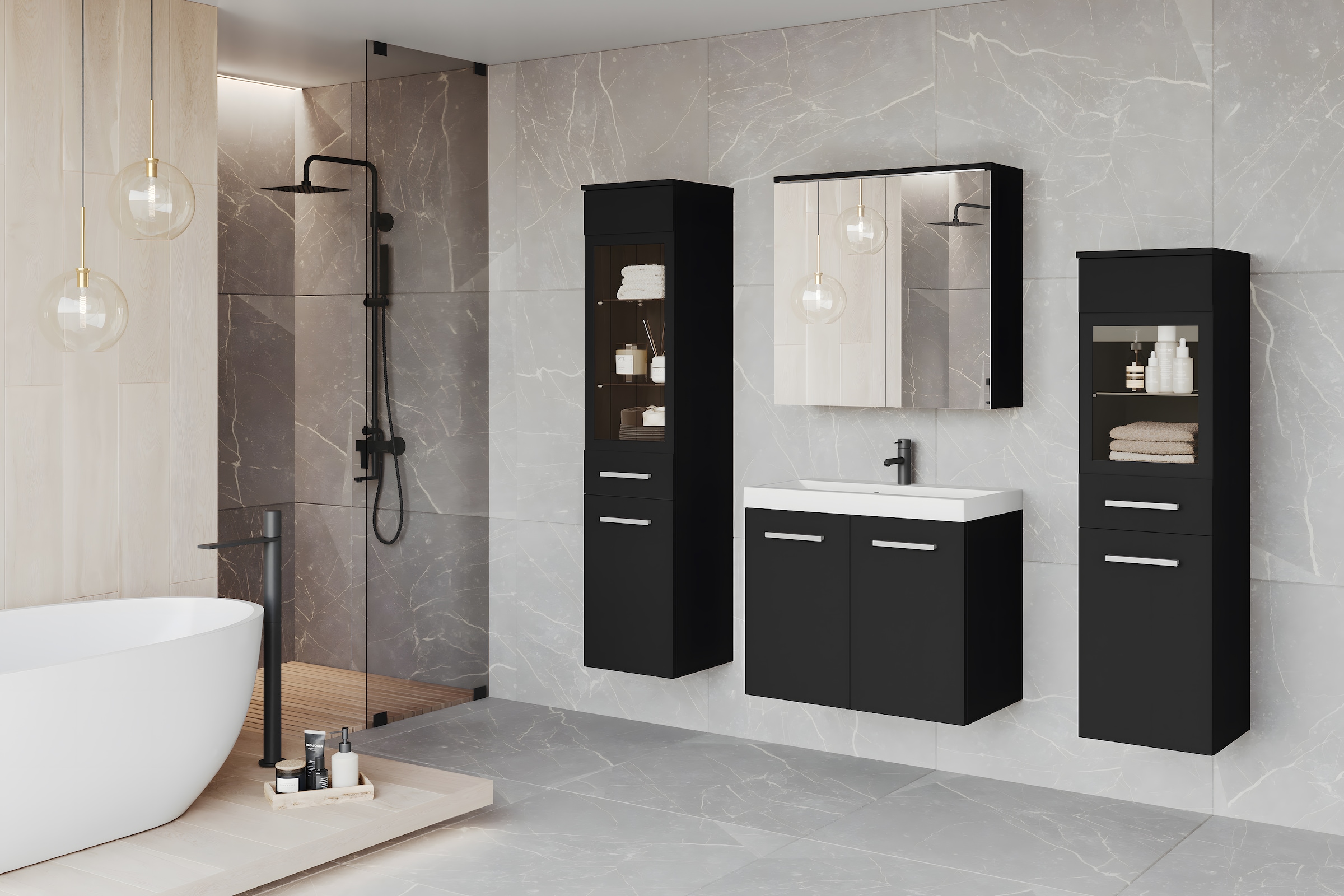 welltime Badmöbel-Set »MADRIT II, Schrank mit Waschbecken, 2 Hänger, Spiegelschrank«, (Komplett-Set, 5 St.), Hängende Badmöbel mit Glaseinsätzen – in vielen Farben erhältlich